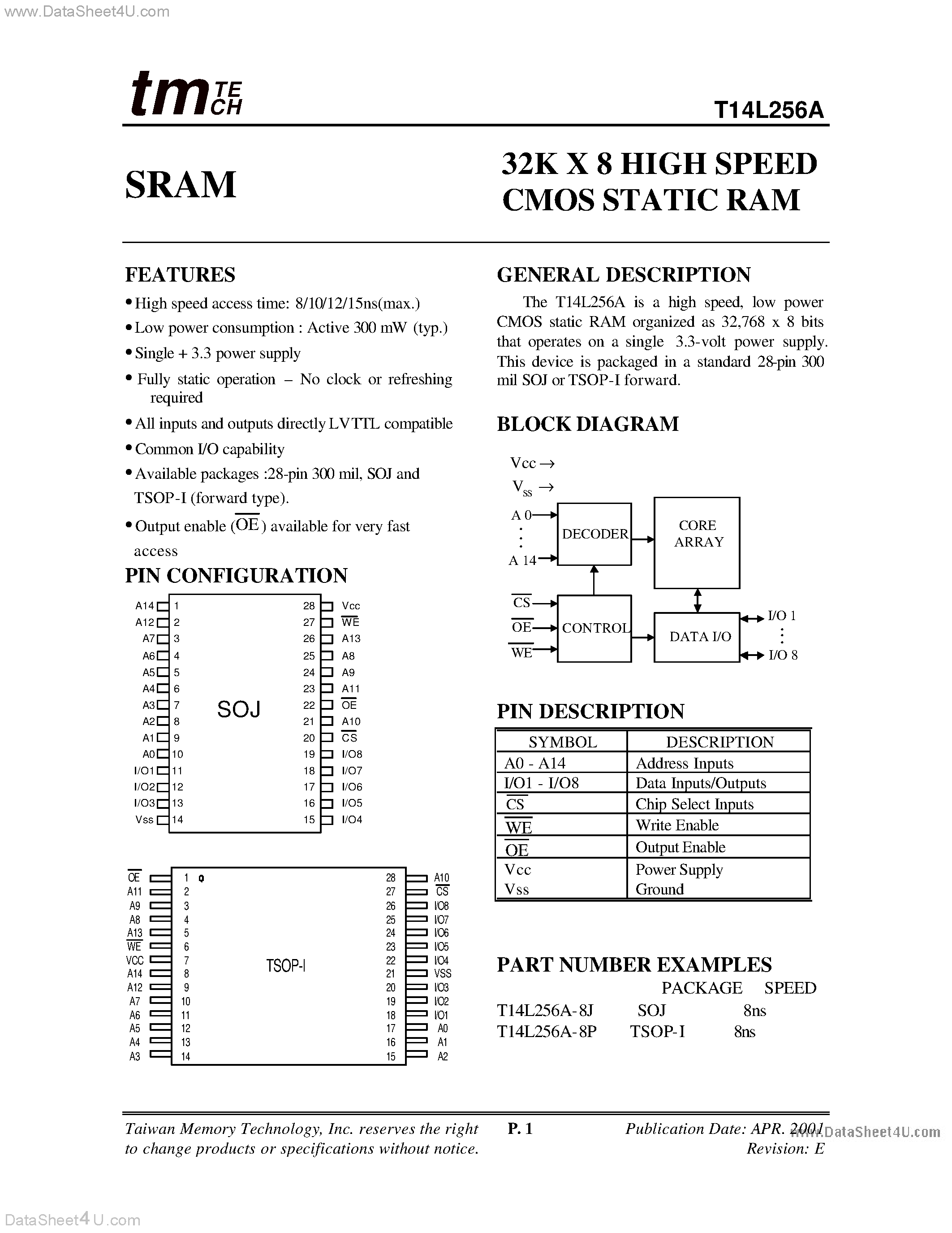 Даташит T14L256A - 32K X 8 HIGH SPEED CMOS STATIC RAM страница 1