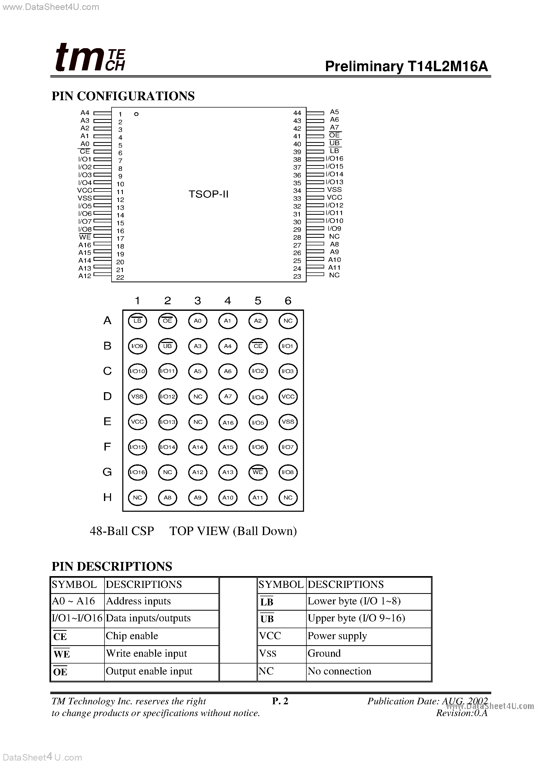 Даташит T14L2M16A - 128K X 16 HIGH SPEED CMOS STATIC RAM страница 2