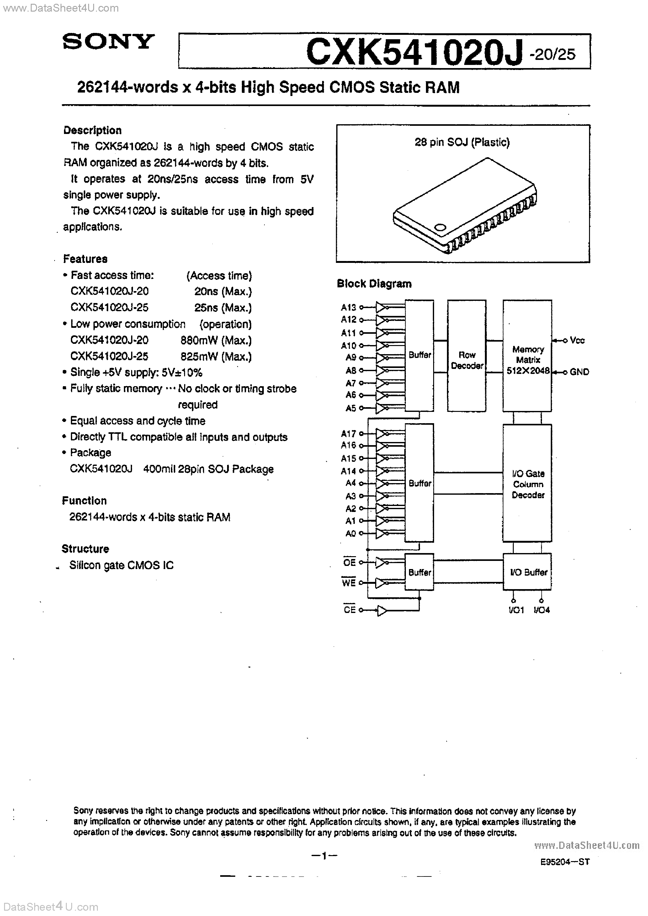 Даташит на микросхему CXK541020J страница 1 Даташит CXK541020J - High Speed CMOS Static RAM страница 1