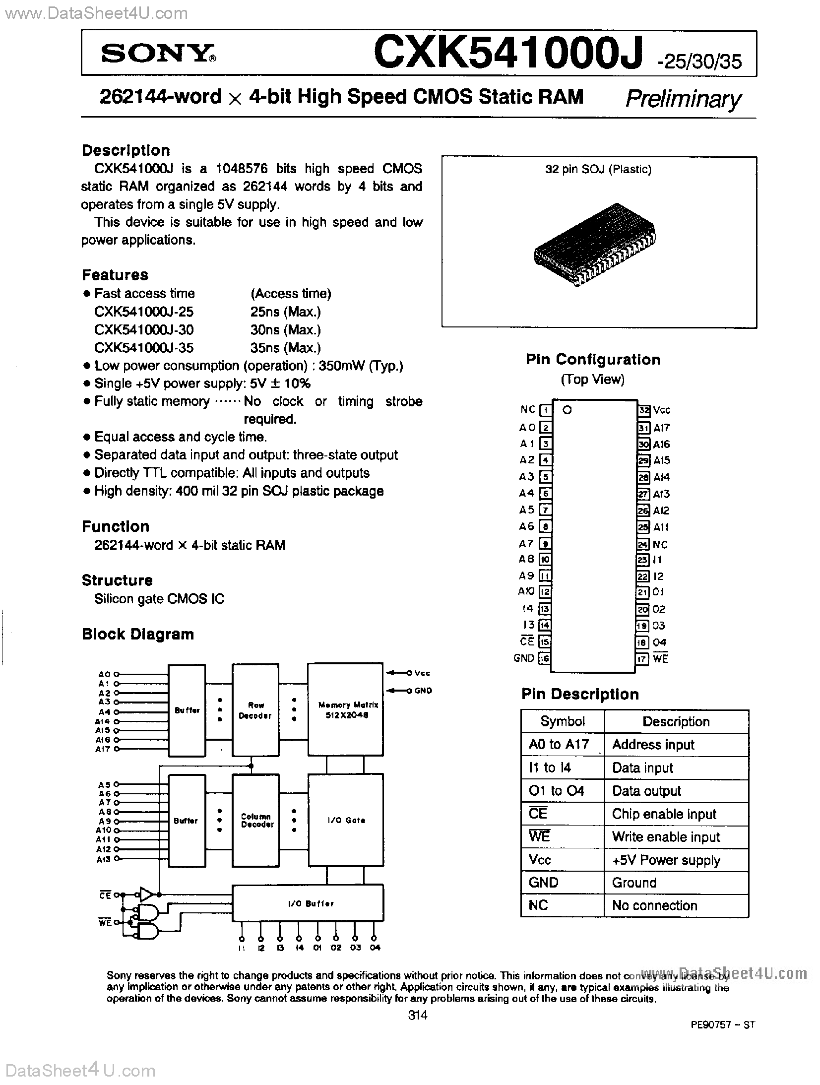 Даташит на микросхему CXK541000J страница 1 Даташит CXK541000J - High Speed CMOS Static RAM страница 1