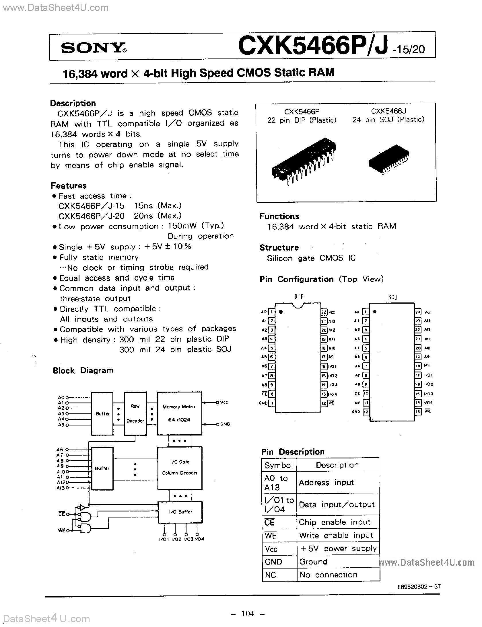 Даташит на микросхему CXK5466J страница 1 Даташит CXK5466J - High Speed CMOS Static RAM страница 1