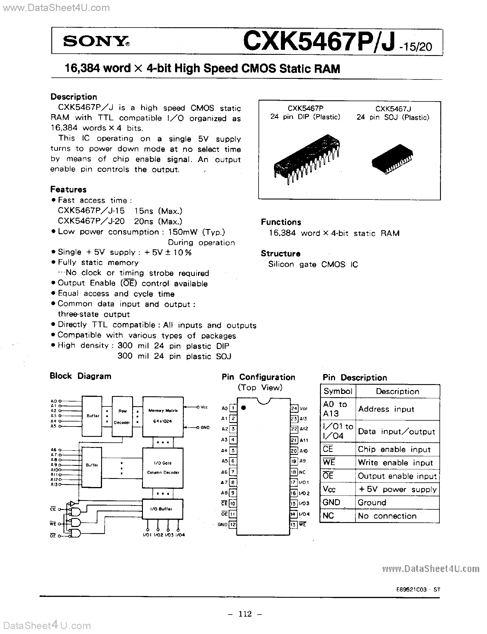 Даташит на микросхему CXK5467J страница 1 Даташит CXK5467J - High Speed CMOS Static RAM страница 1