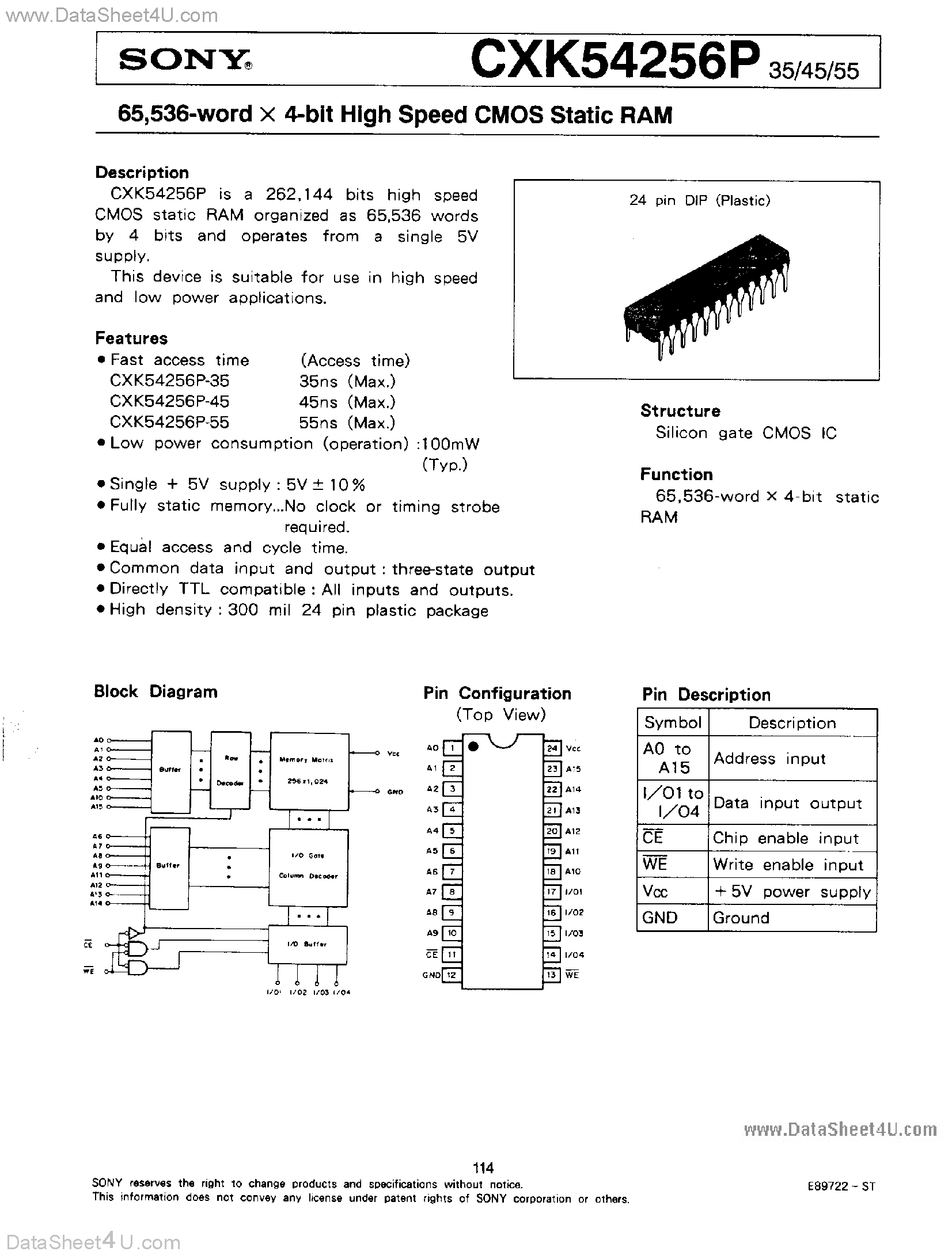 Даташит на микросхему CXK54256P страница 1 Даташит CXK54256P - High Speed CMOS Static RAM страница 1