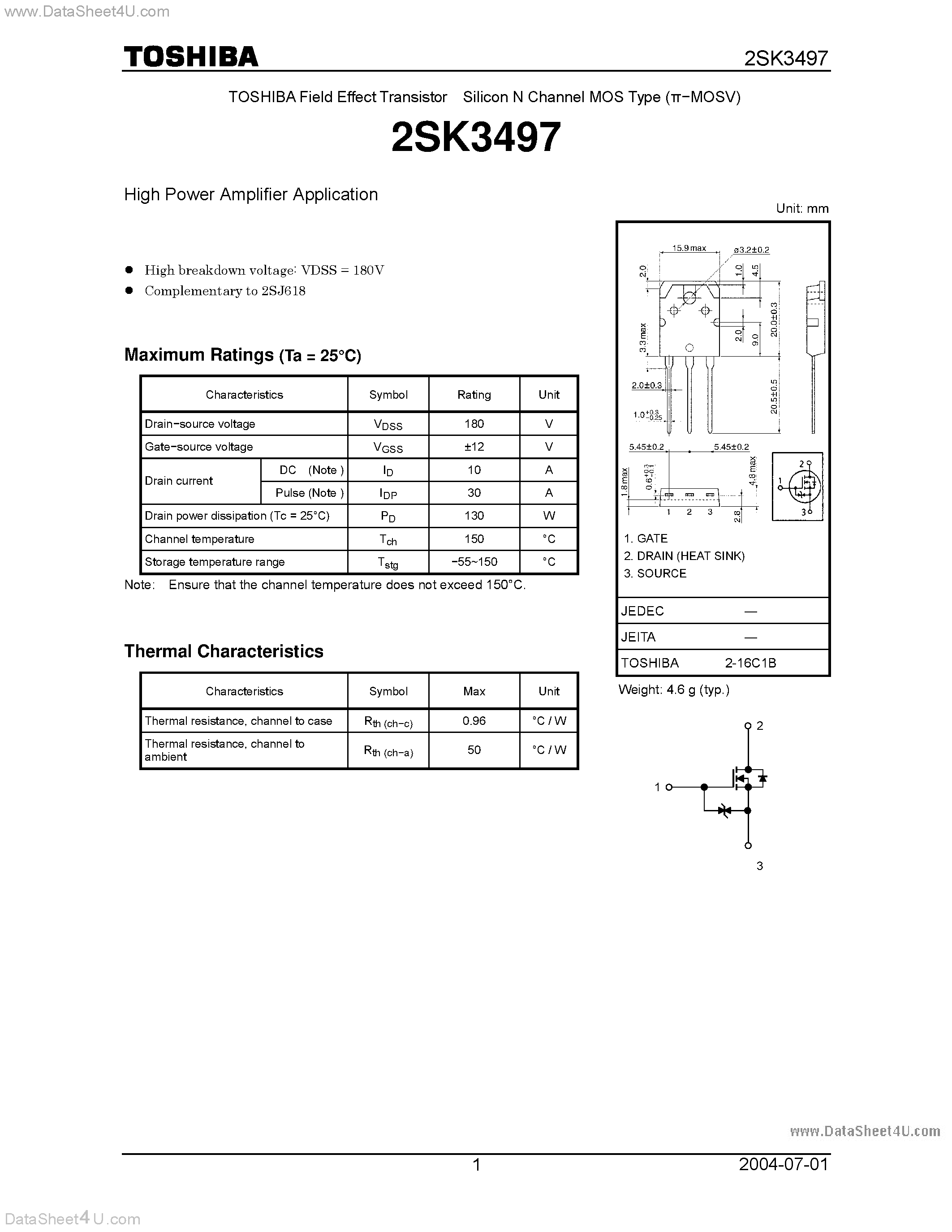 Datasheet 2SK3497 - High Power Amplifier Application page 1