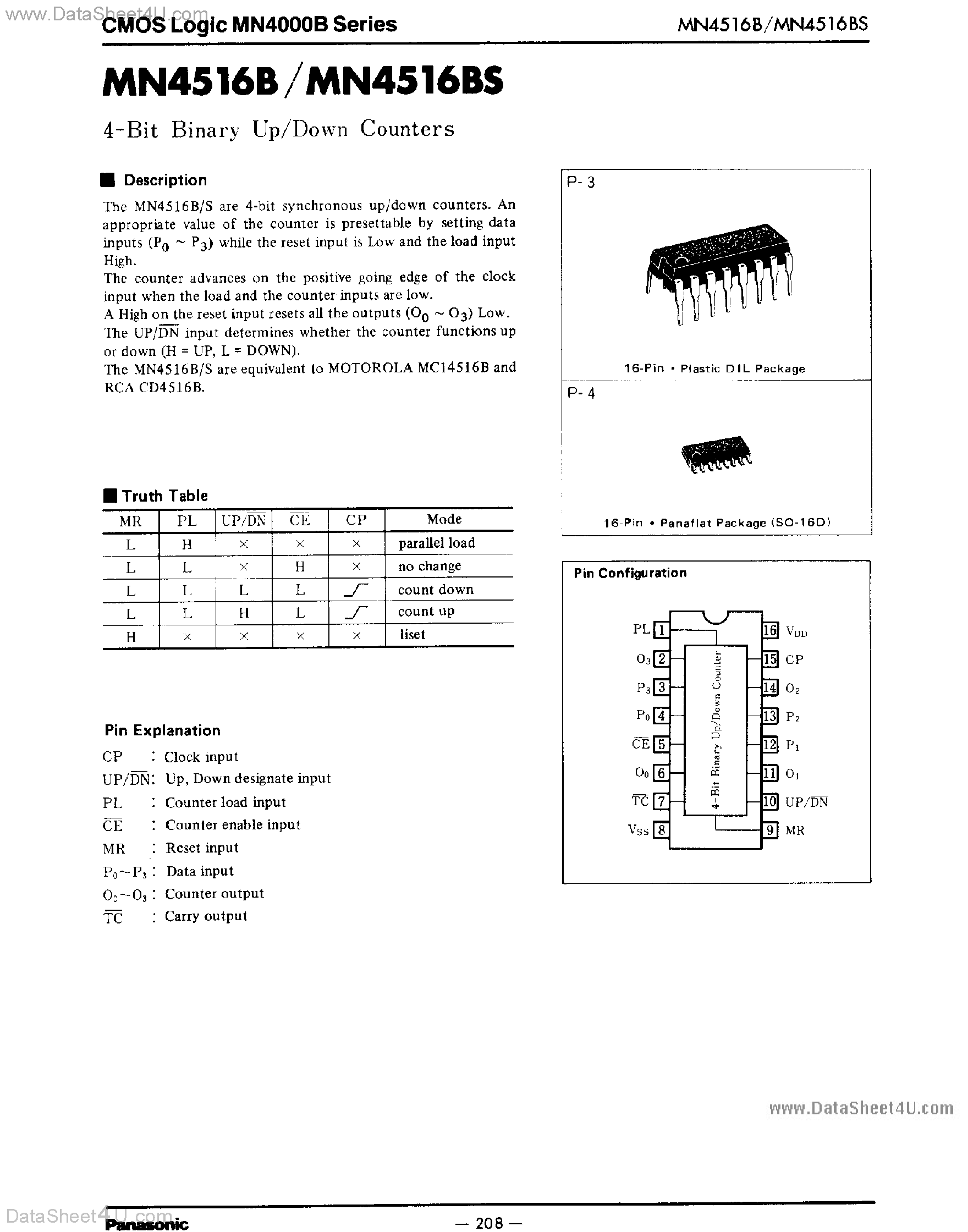 Даташит на микросхему MN4516B страница 1 Даташит MN4516B - 4-Bit Binary Up/Down Counters страница 1