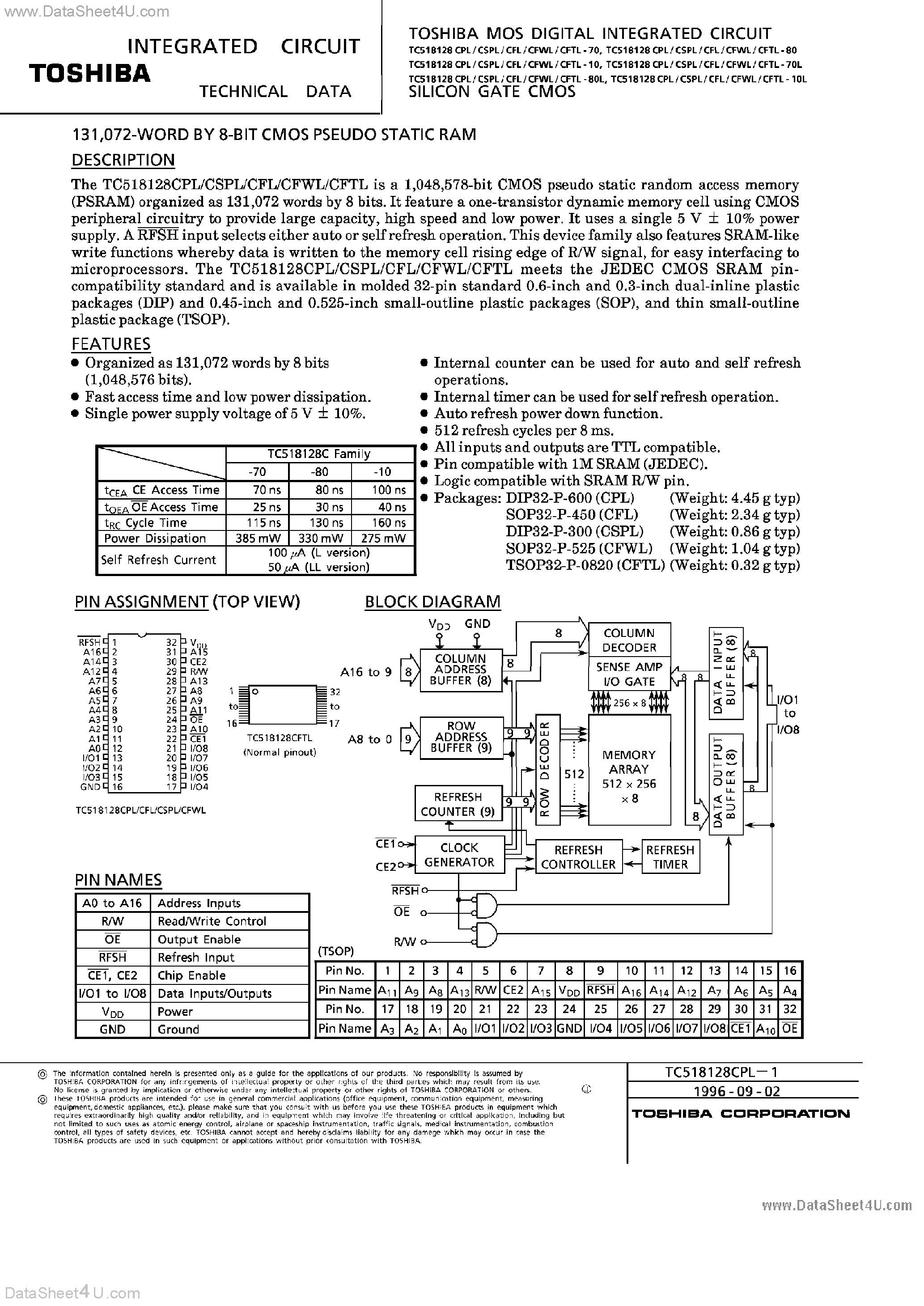 Даташит на микросхему TC518128C страница 1 Даташит TC518128C - CMOS Pseudo Static RAM страница 1
