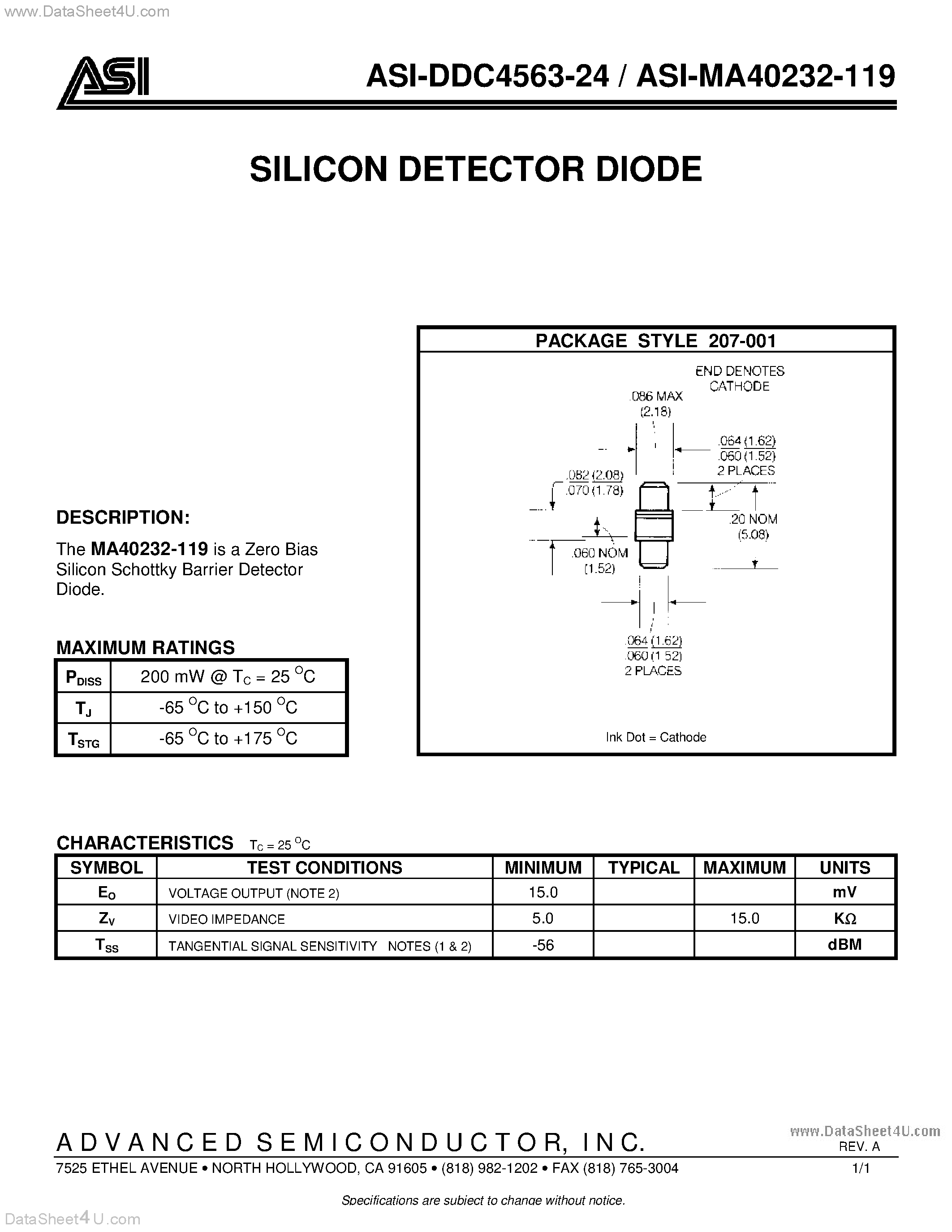 Datasheet ASI-DDC4563-24 page 1 Datasheet ASI-DDC4563-24 - (ASI-DDC4563-24 / ASI-MA40232-119) SILICON DETECTOR DIODE page 1