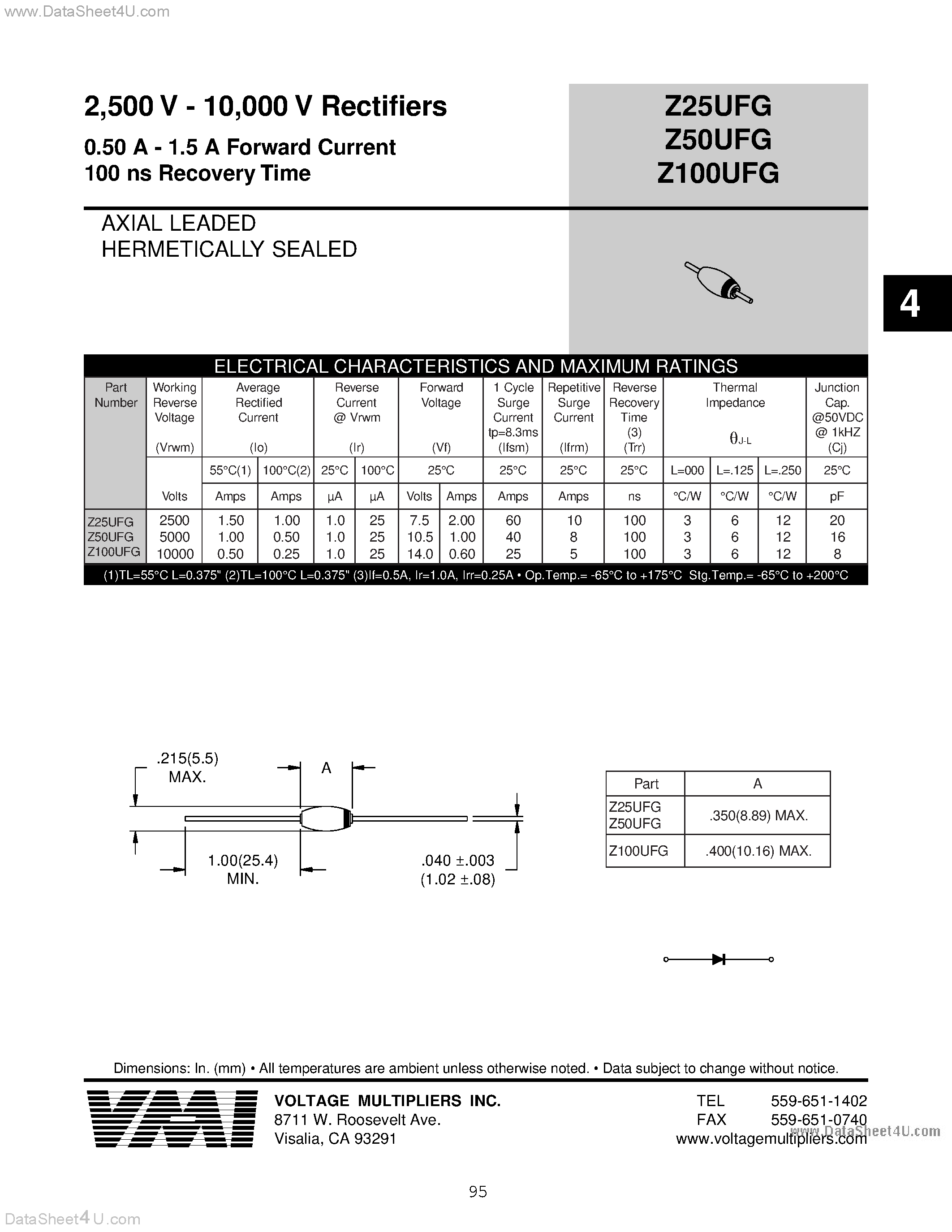 Datasheet Z25UFG page 1 Datasheet Z25UFG - Rectifiers 0.50 A - 1.5 A Forward Current 100 ns Recovery Time page 1