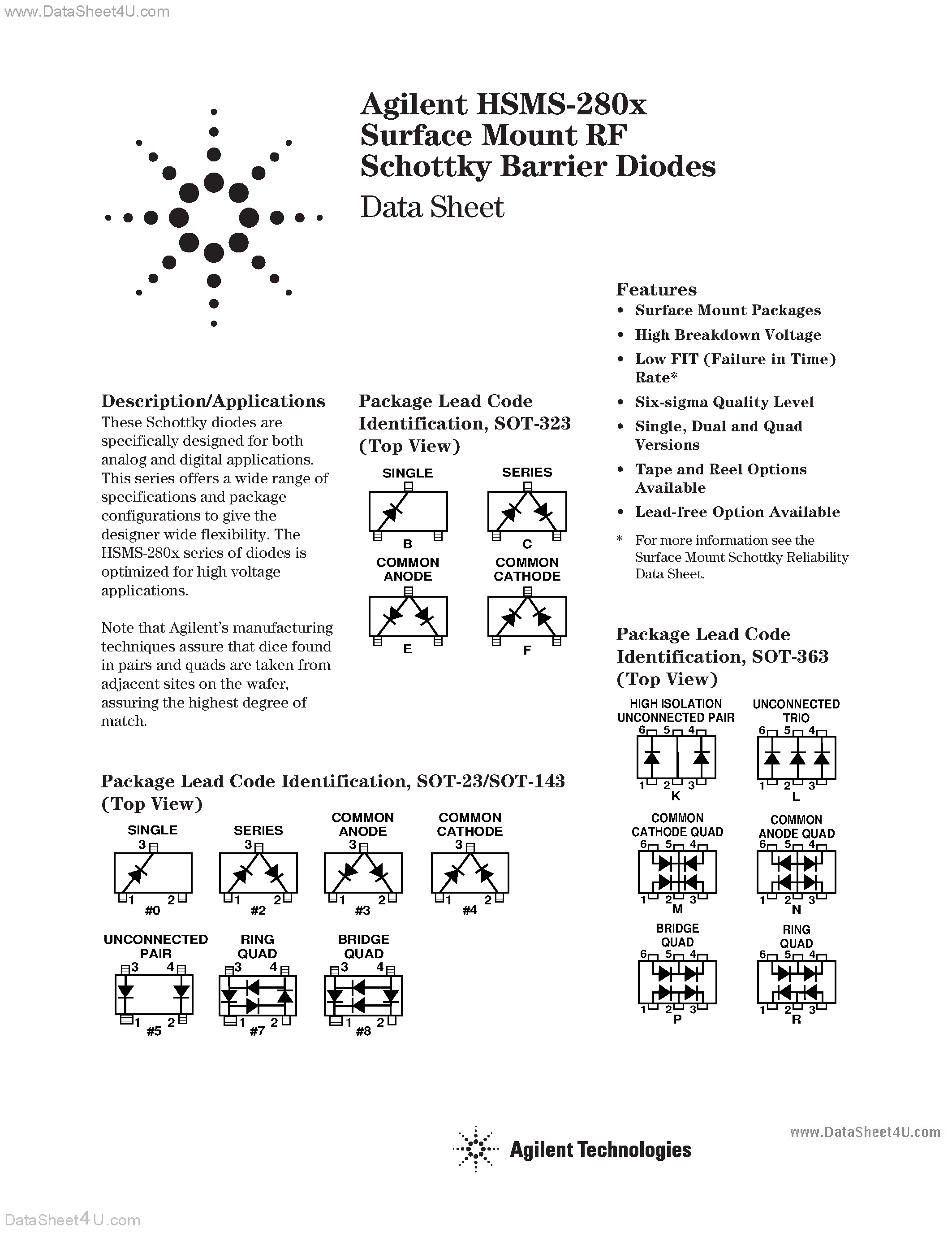 Даташит на микросхему HSMS280x страница 1 Даташит HSMS280x - Surface Mount RF Schottky Barrier Diodes страница 1