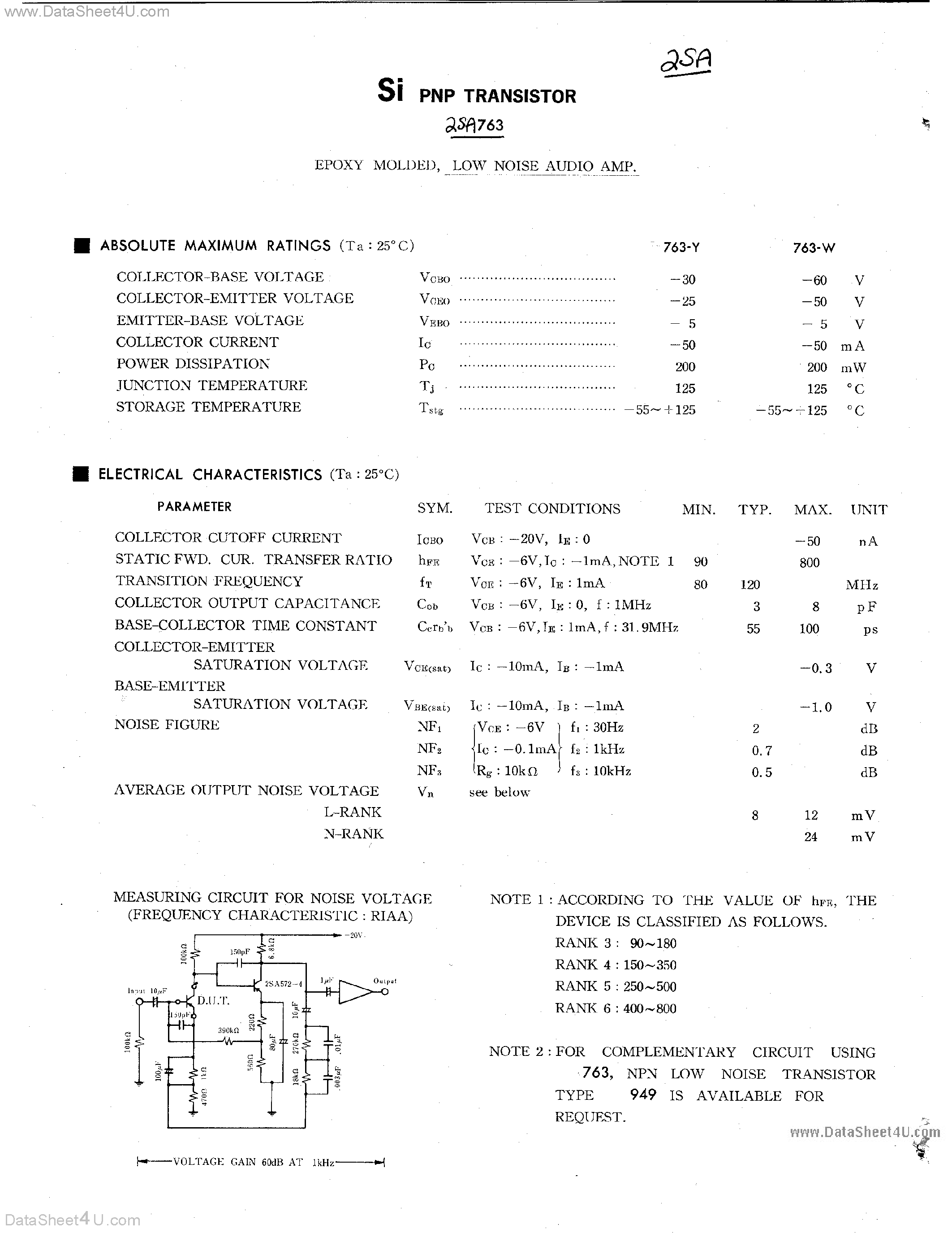 Datasheet 2SA763 - SI PNP TRANSISTOR page 1