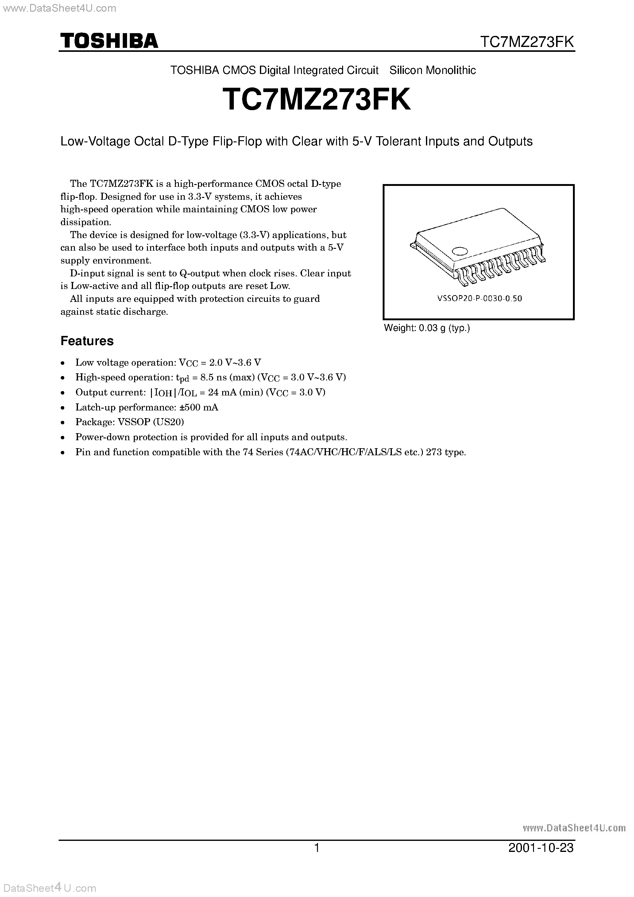 Даташит на микросхему TC7MZ273FK страница 1 Даташит TC7MZ273FK - Low-Voltage Octal D-Type Flip-Flop страница 1