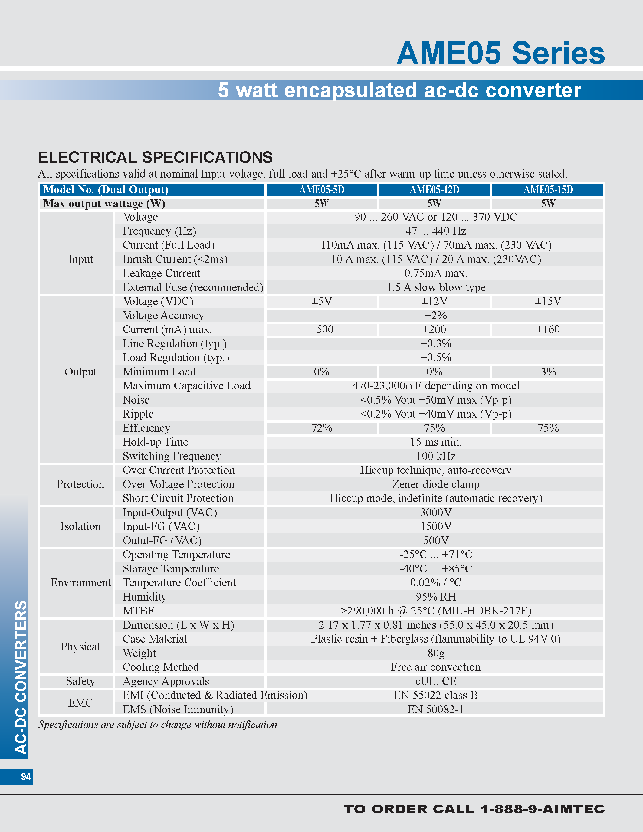 Datasheet AME05 - 5 watt encapsulated ac-dc converter page 2