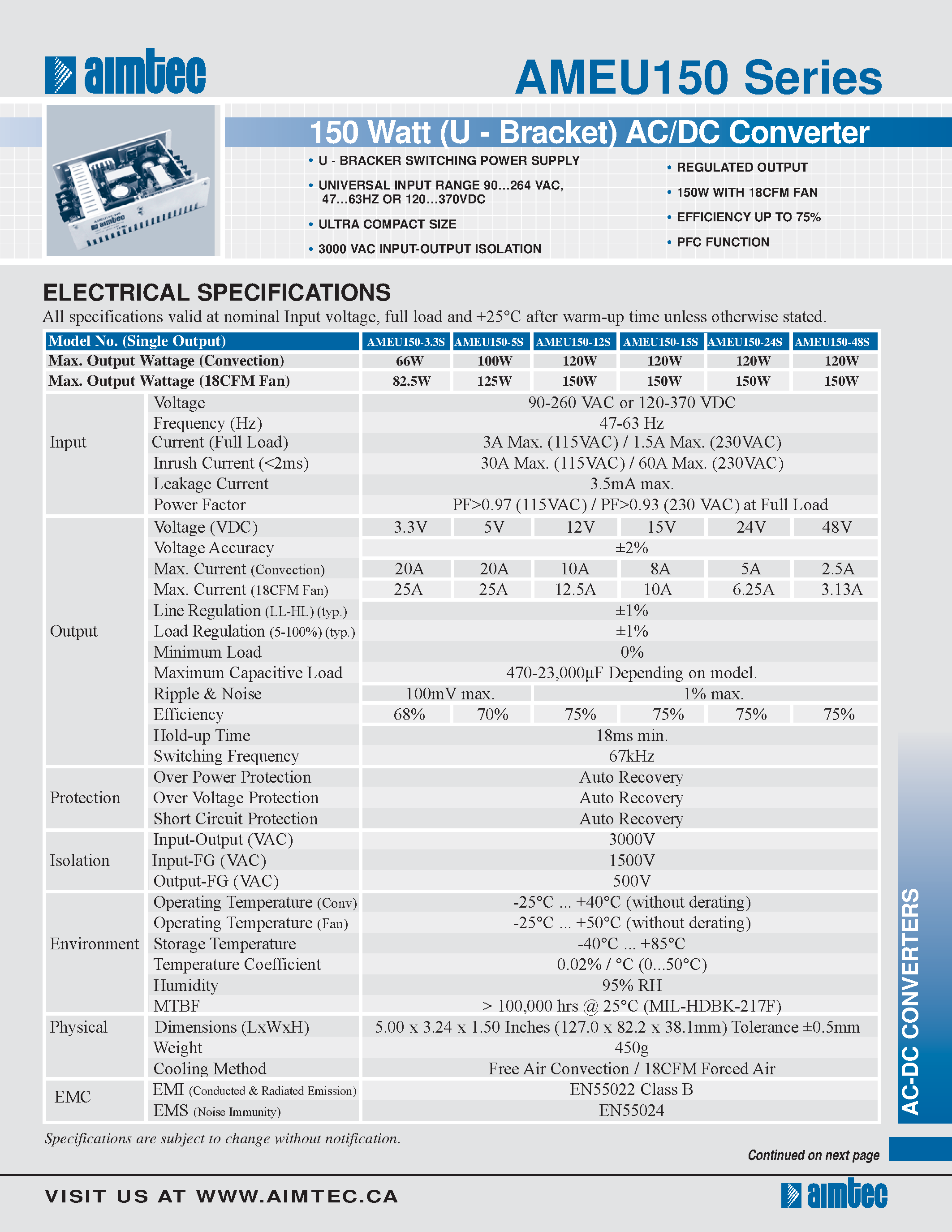 Datasheet AMEU150 - 150 Watt (U - Bracket) AC/DC Converter page 1