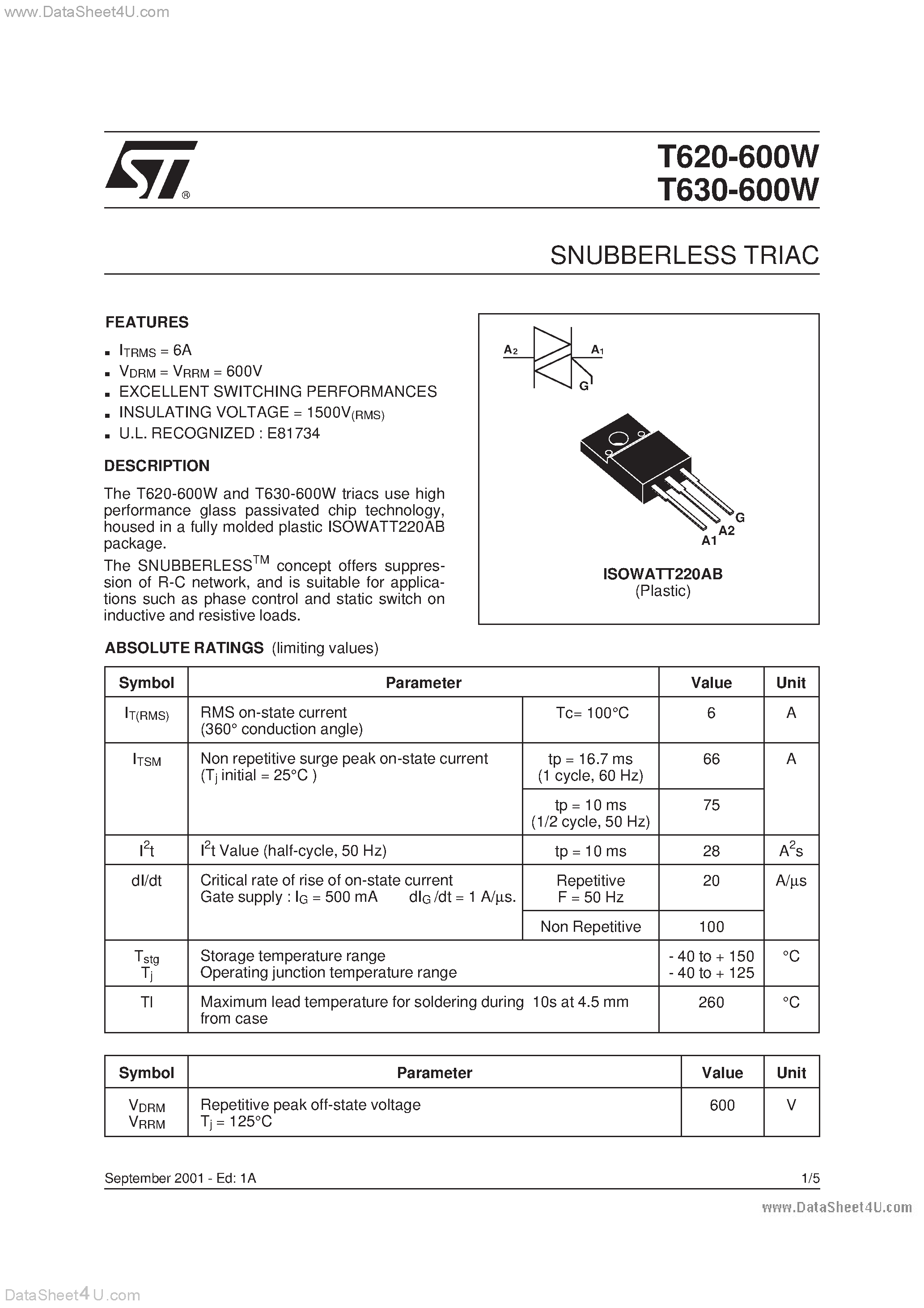 Datasheet T620-600W - SNUBBERLESS TRIAC page 1