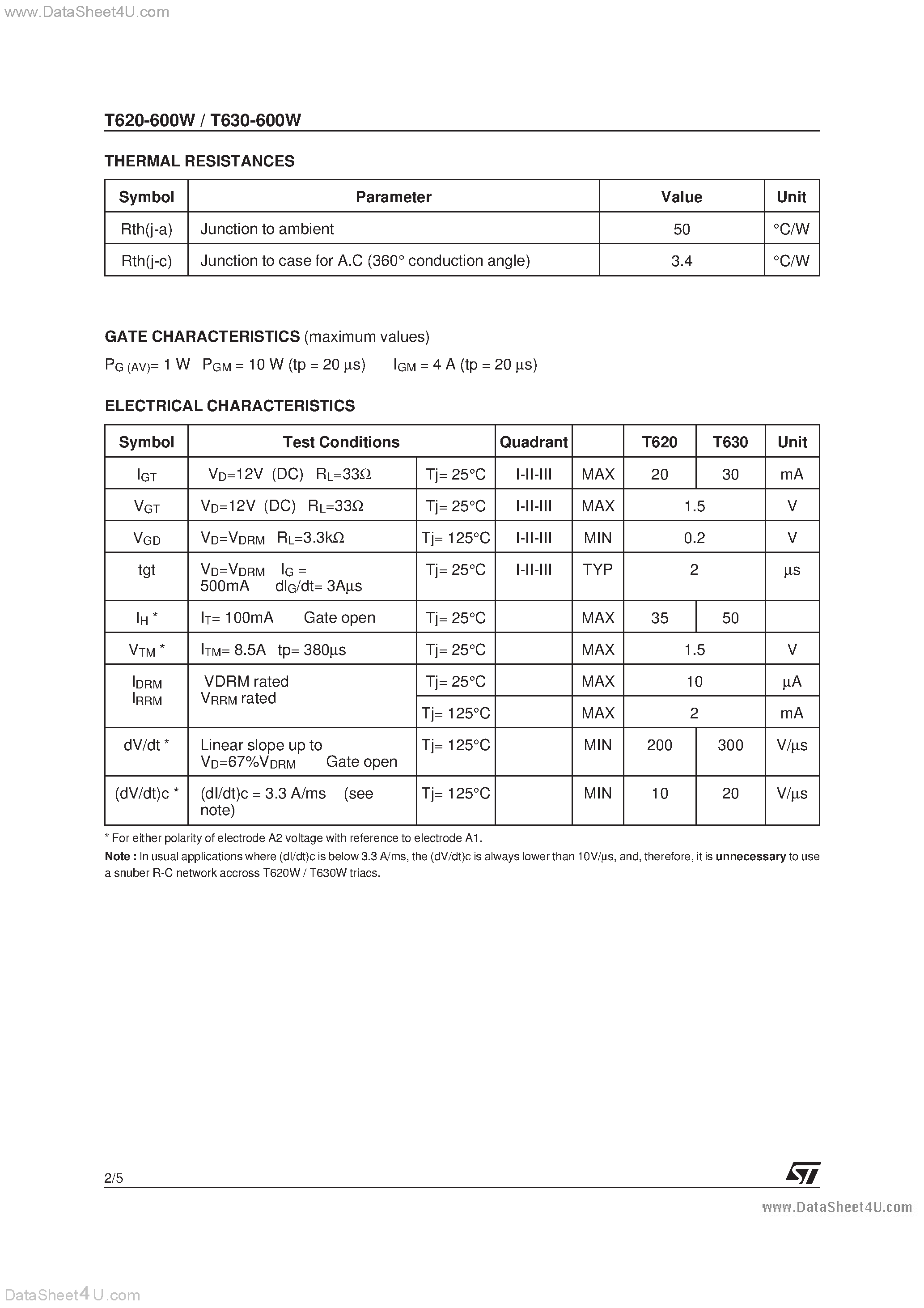 Datasheet T620-600W - SNUBBERLESS TRIAC page 2