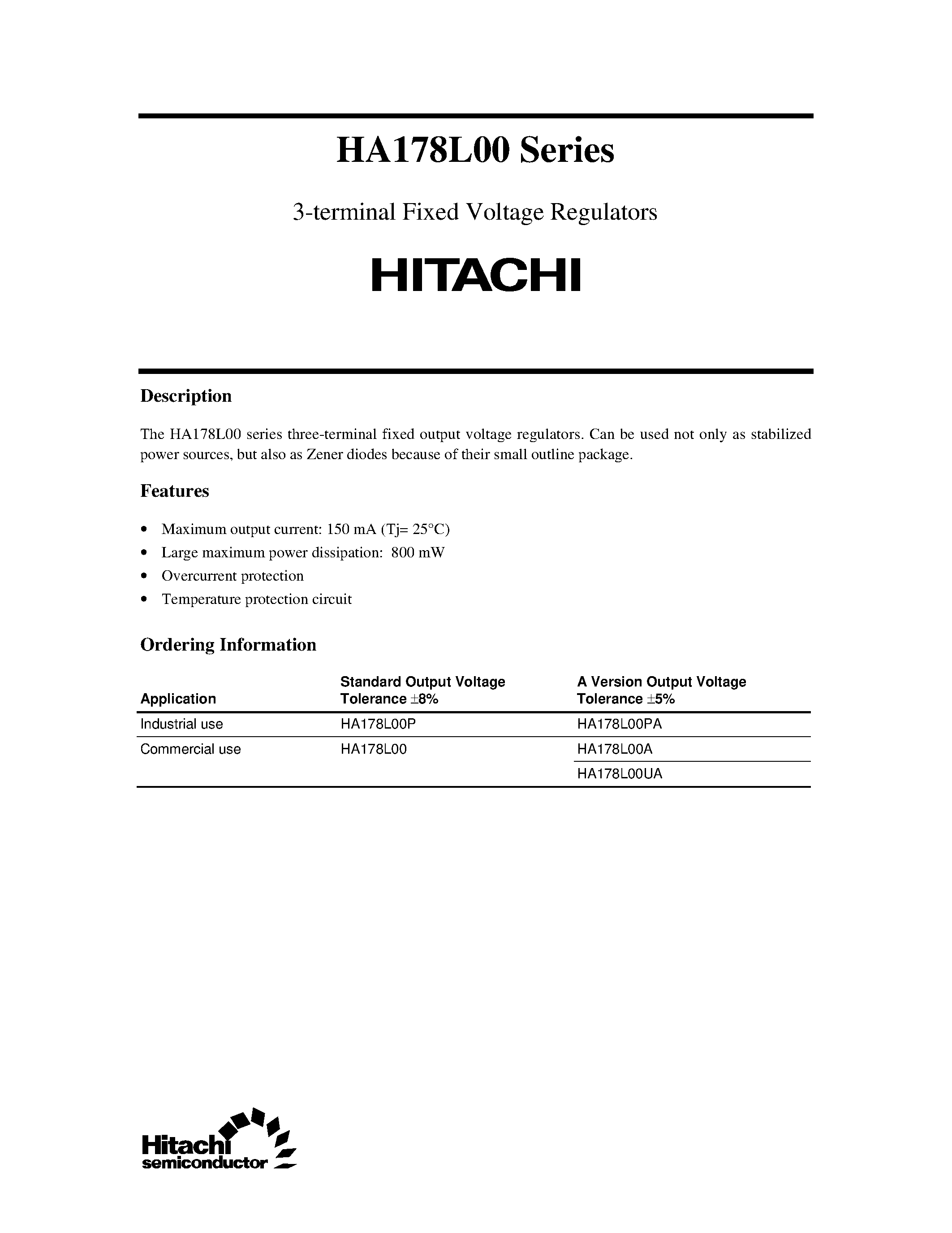 Даташит HA178L00 - 3-terminal Fixed Voltage Regulators страница 1