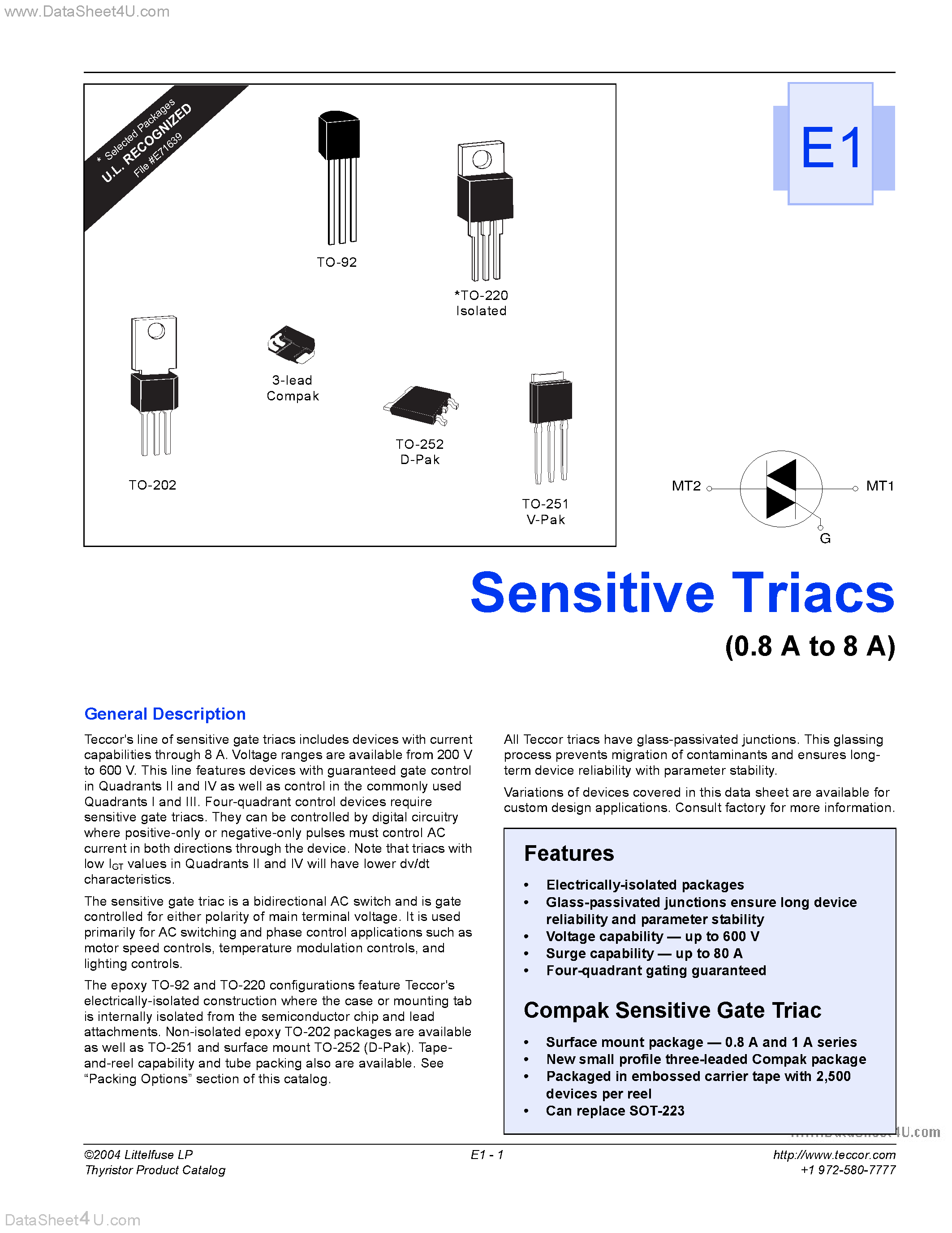 Datasheet L6008 - Sensitive Triacs page 1