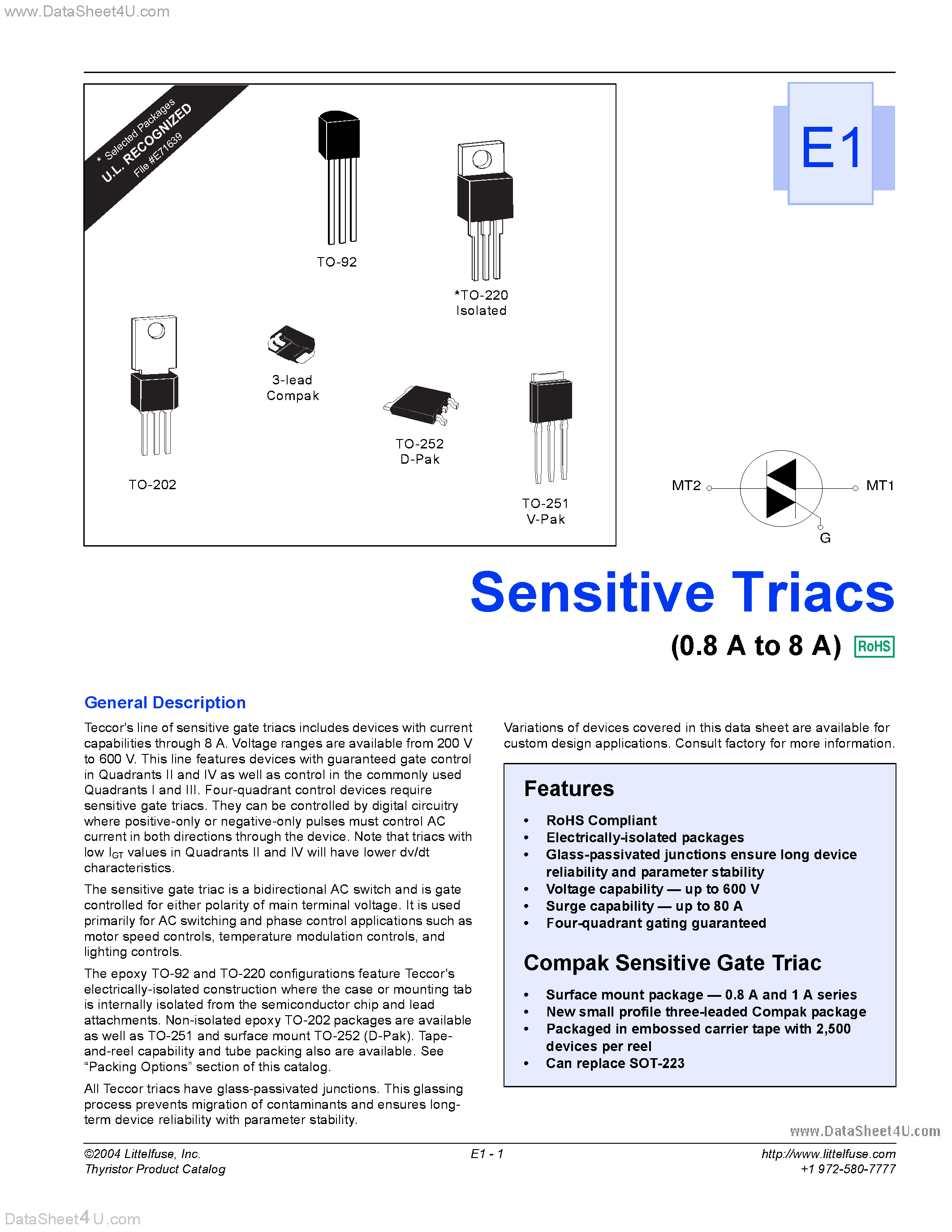Datasheet L6008 - Sensitive Triacs page 1
