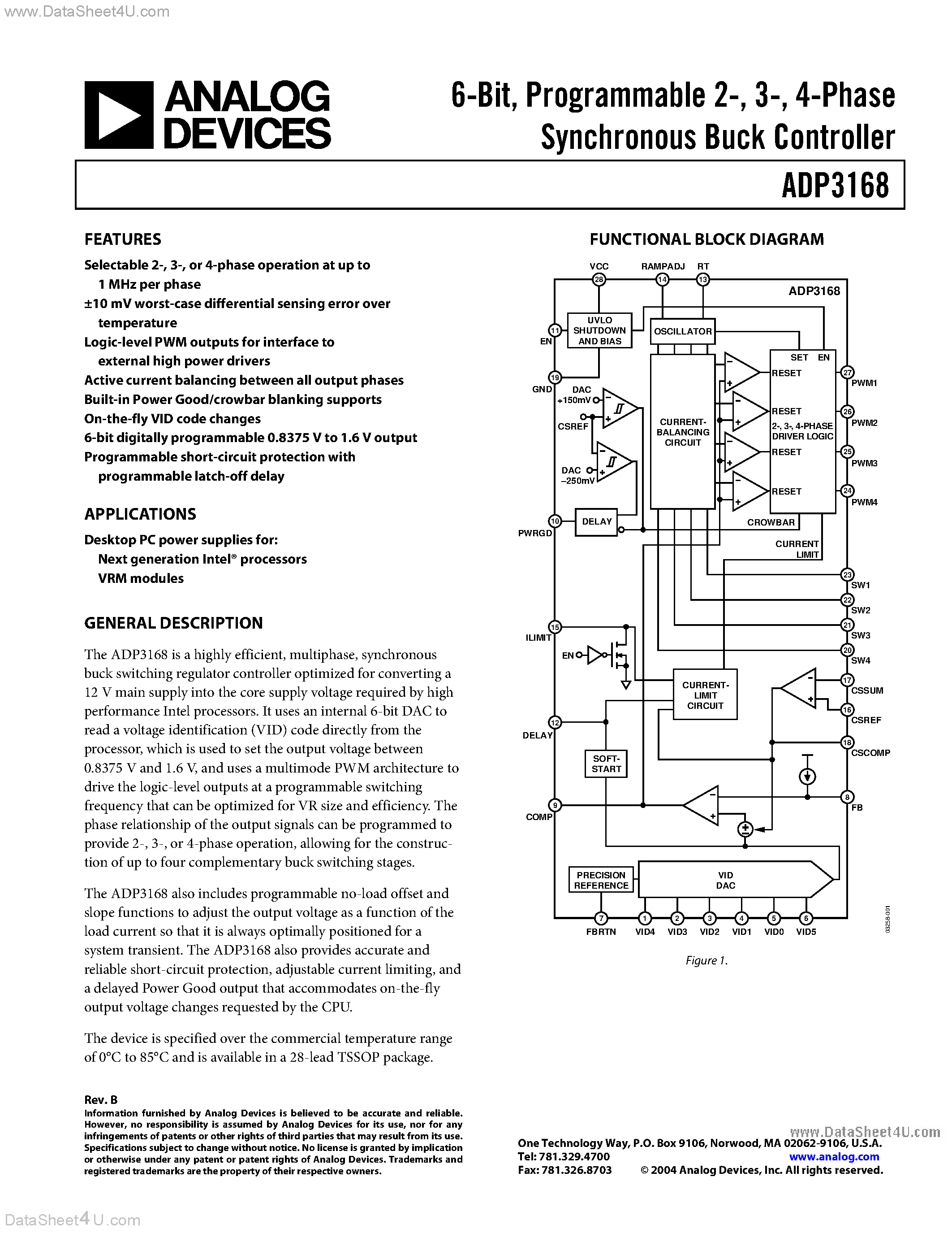 Datasheet ADP3168 - 4-Phase Synchronous Buck Controller page 1