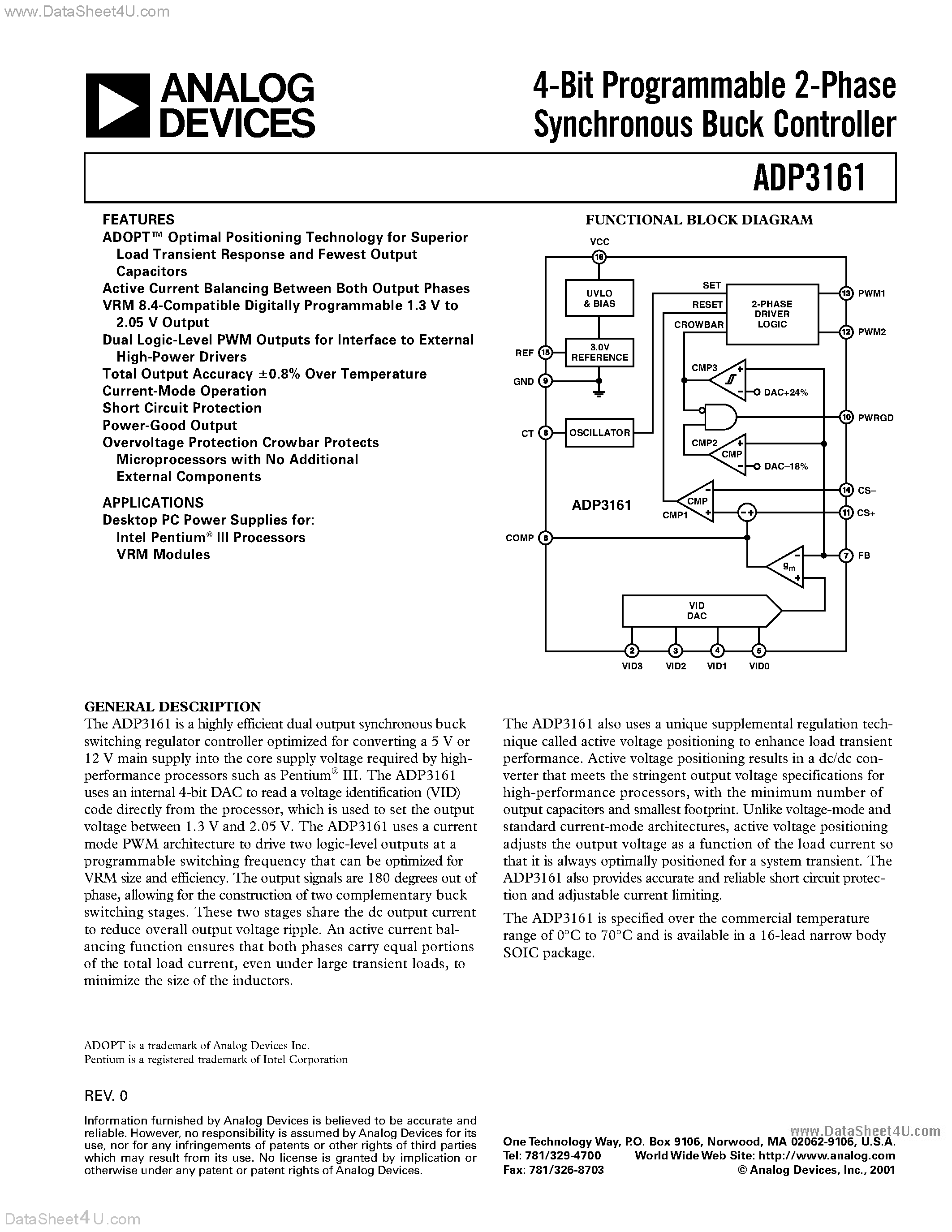 Datasheet ADP3161 - 4-Bit Programmable 2-Phase Synchronous Buck Controller page 1
