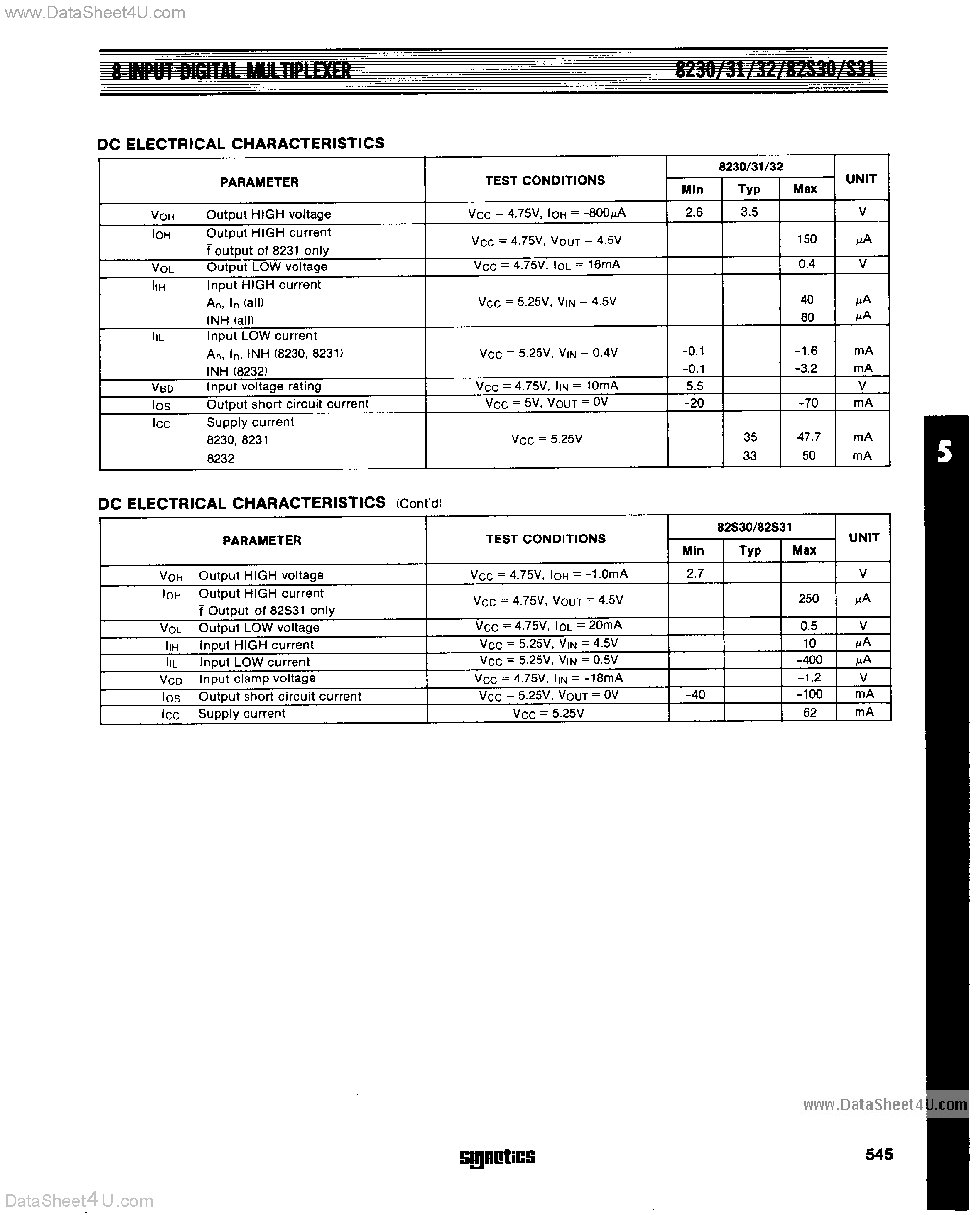 Datasheet S8230 page 2 Datasheet S8230 - (S8230 - S8232) 8-Input Digital Multiplexer page 2