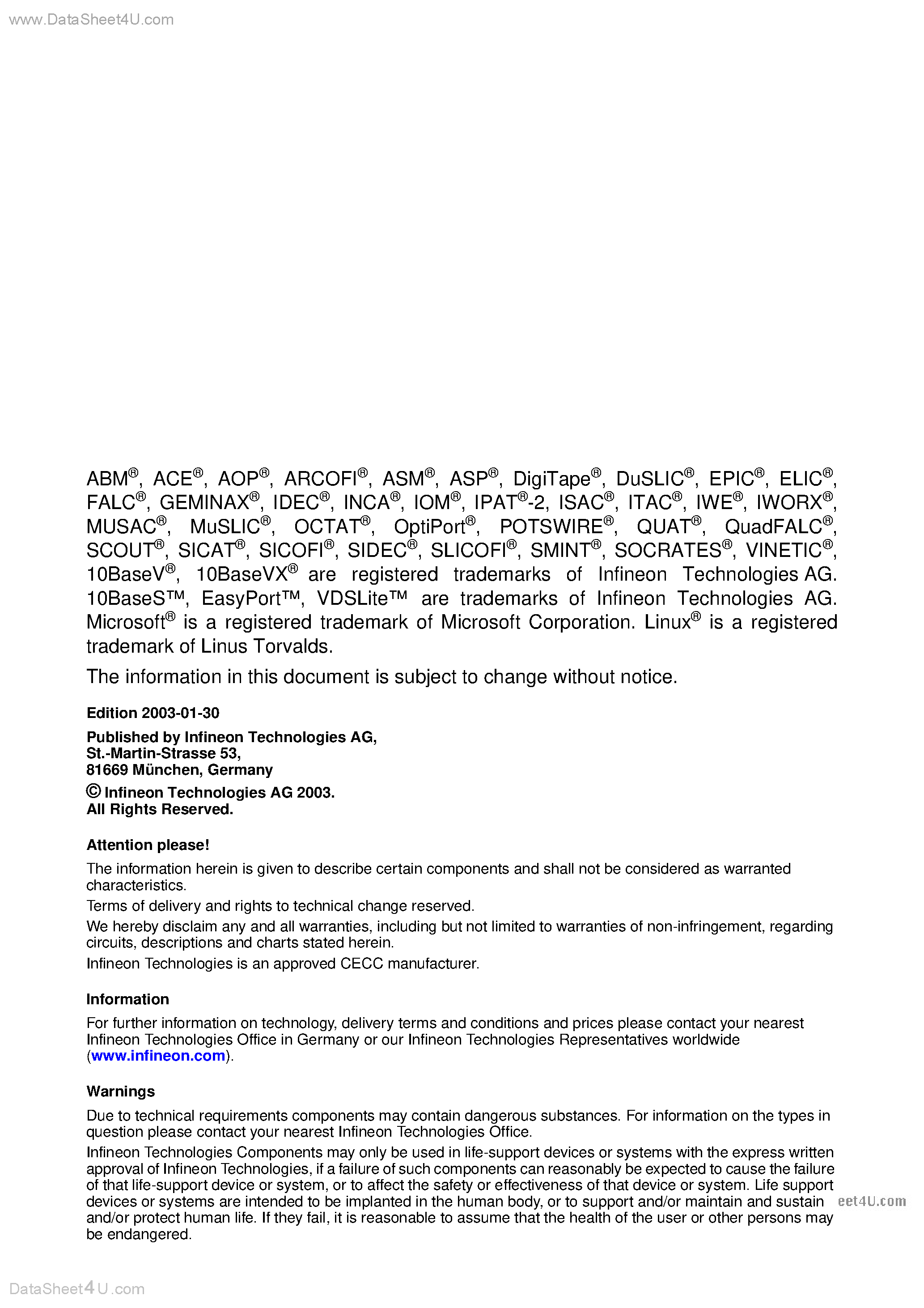 Datasheet PSB21150 V1.4 - ISDN LINE INTERFACE page 2