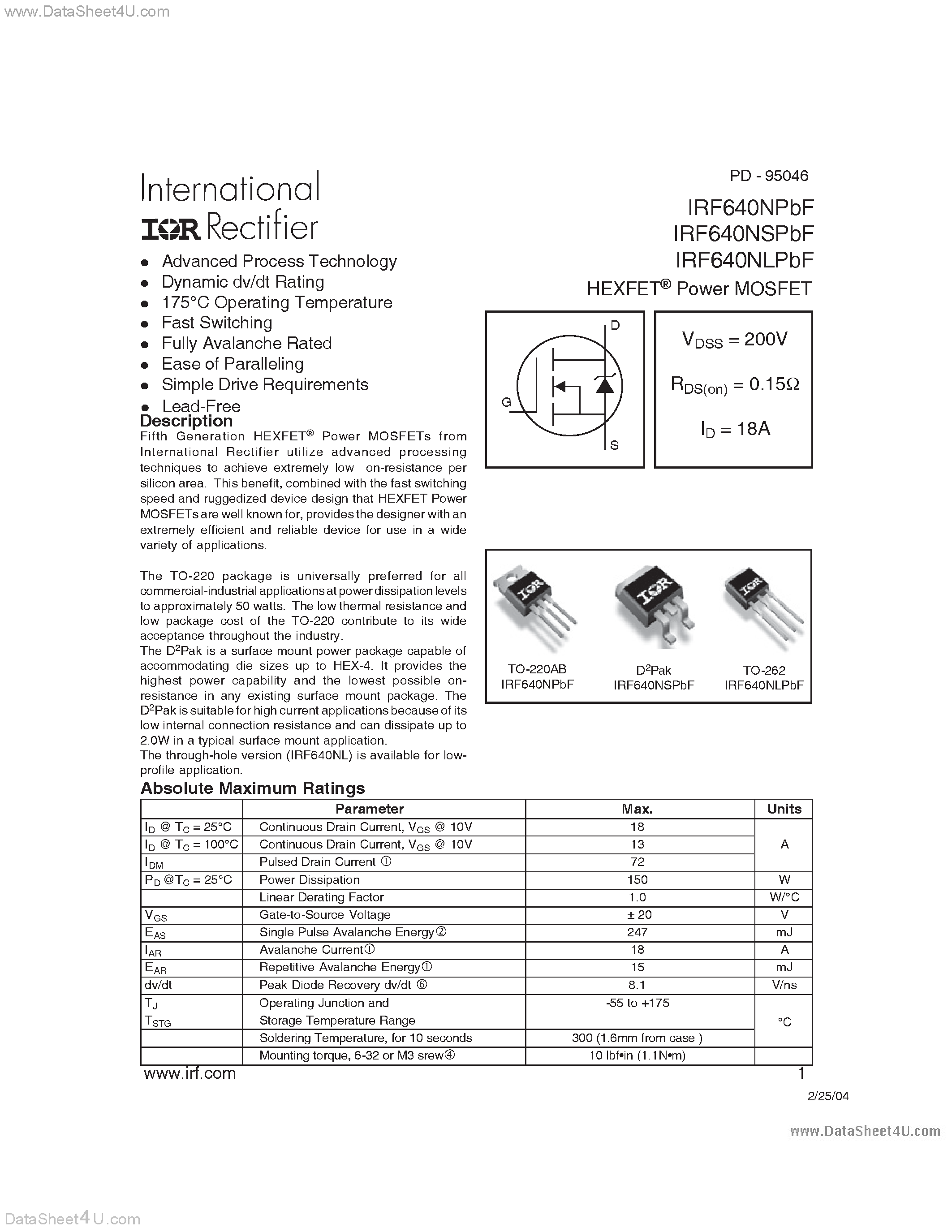 Datasheet IRF640NPBF page 1 Datasheet IRF640NPBF - MOSFET page 1