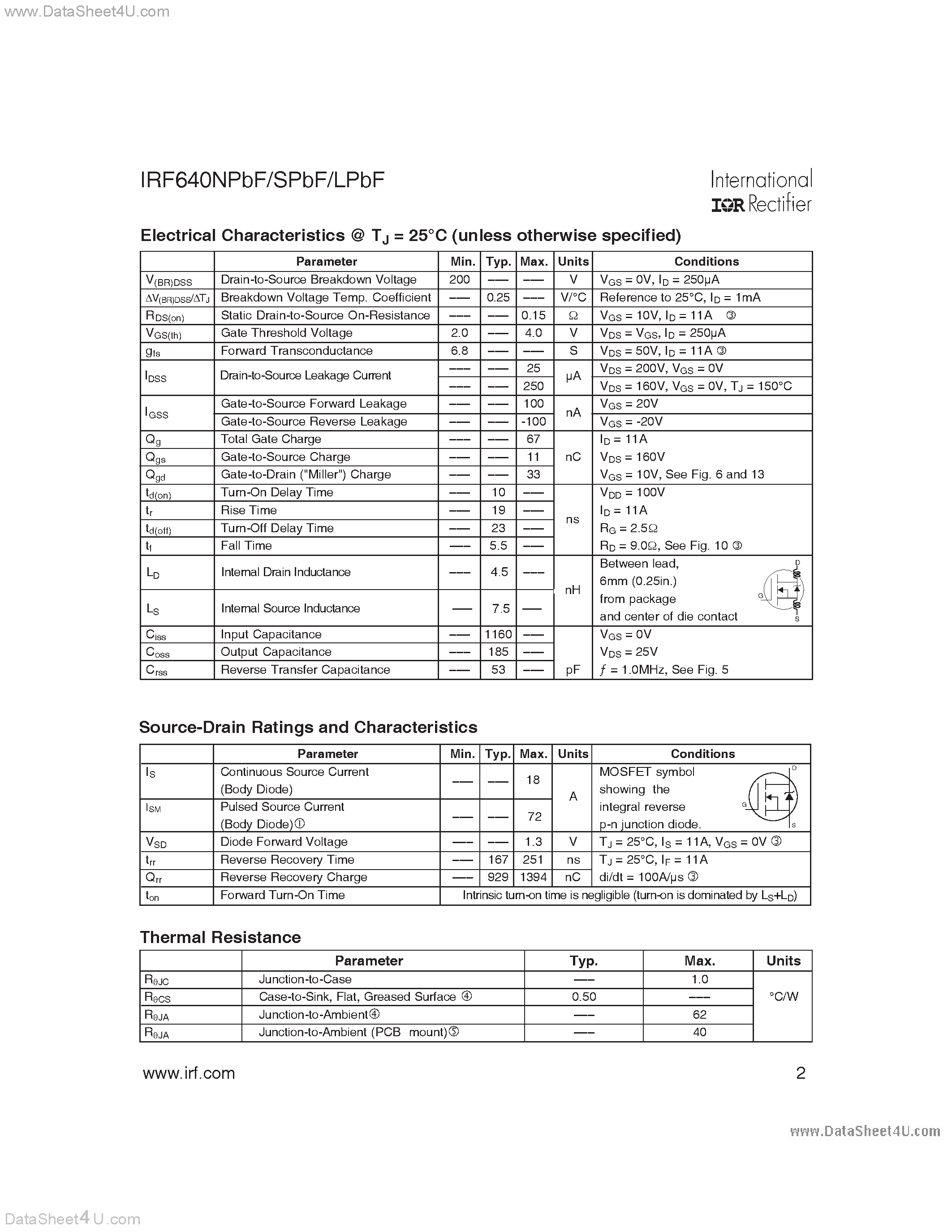 Datasheet IRF640NPBF page 2 Datasheet IRF640NPBF - MOSFET page 2