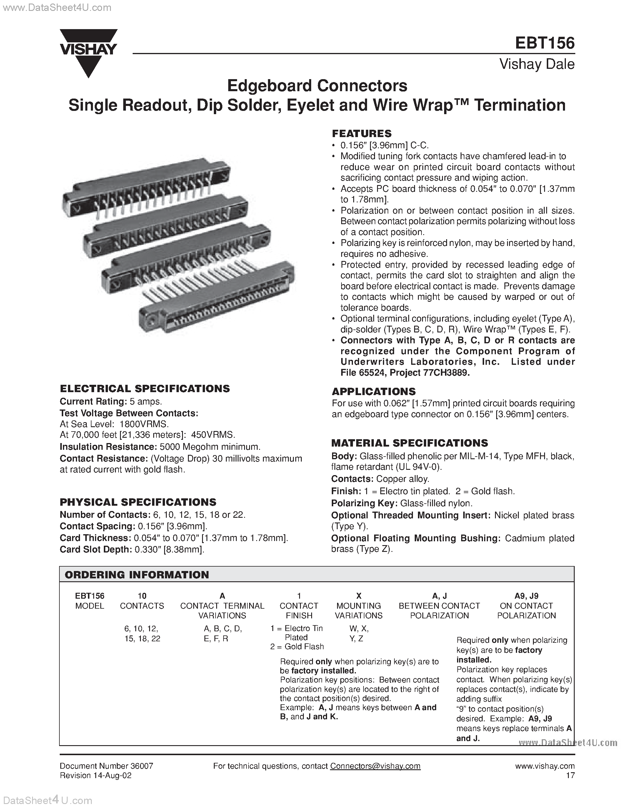 Даташит на микросхему EBT156 страница 1 Даташит EBT156 - Edgeboard Connectors страница 1