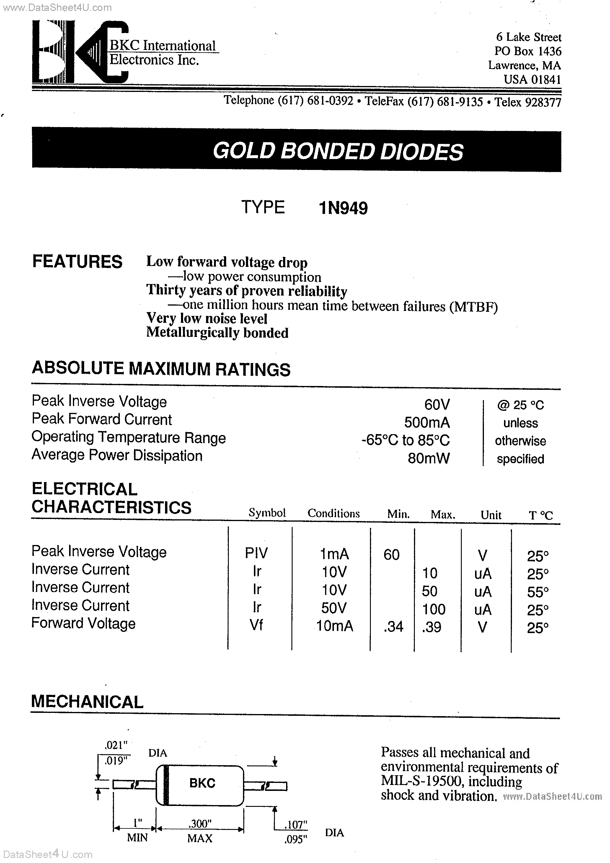Datasheet 1N949 page 1 Datasheet 1N949 - GOLD BONDED DIODES page 1