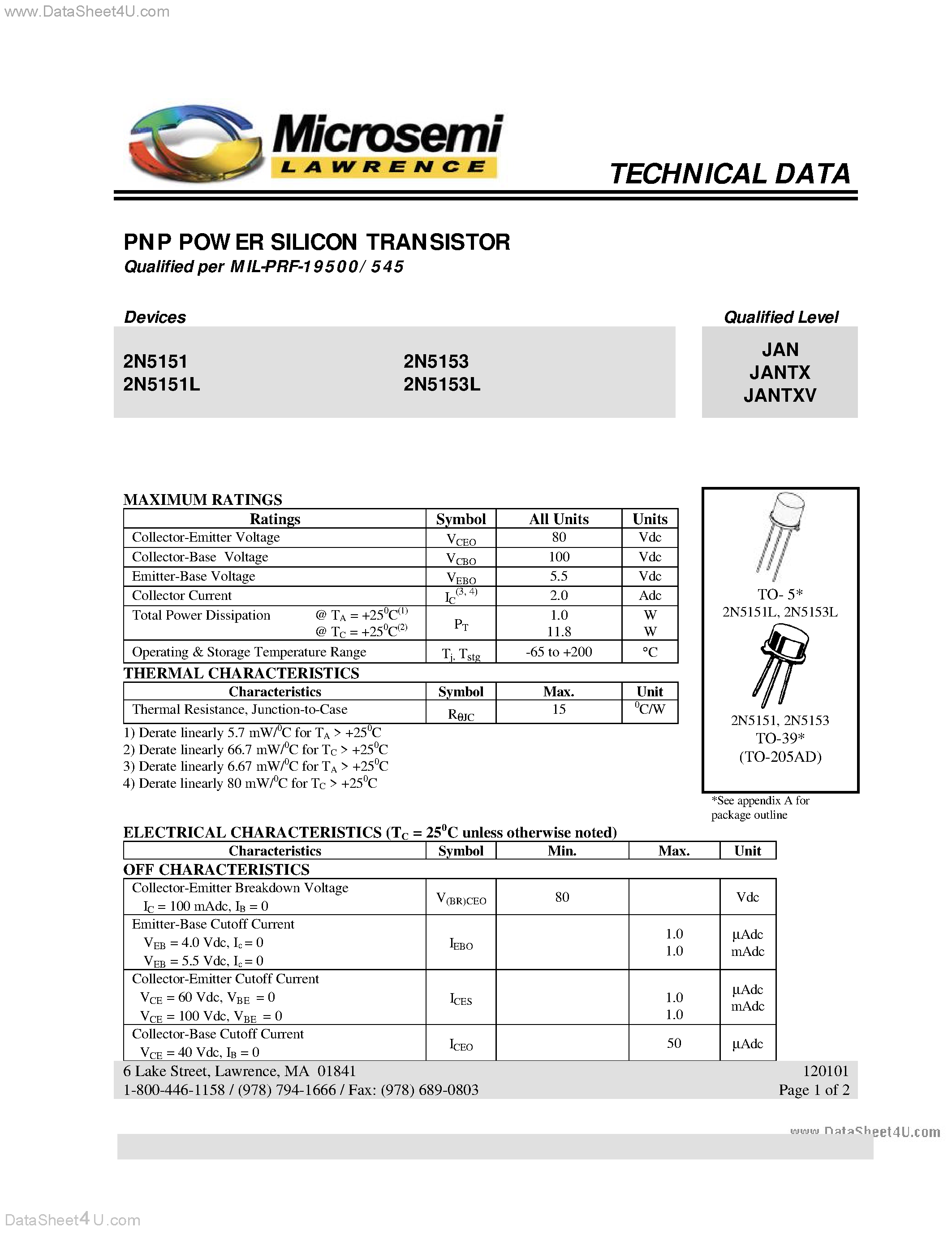Datasheet 2N5151L - (2N5151 / 2N5153) PNP POWER SILICON TRANSISTOR page 1
