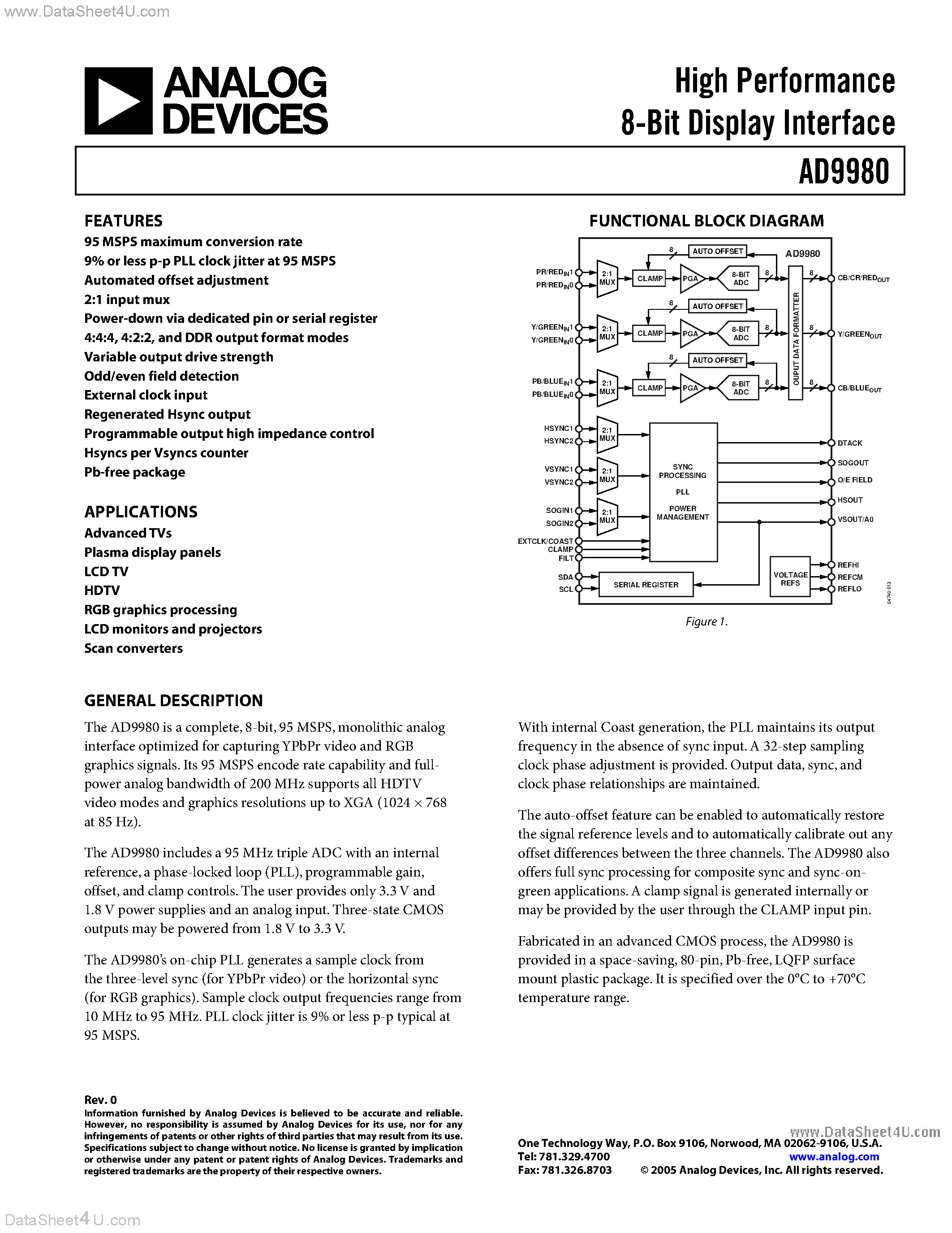 Datasheet AD9980 page 1 Datasheet AD9980 - High Performance 8-Bit Display Interface page 1