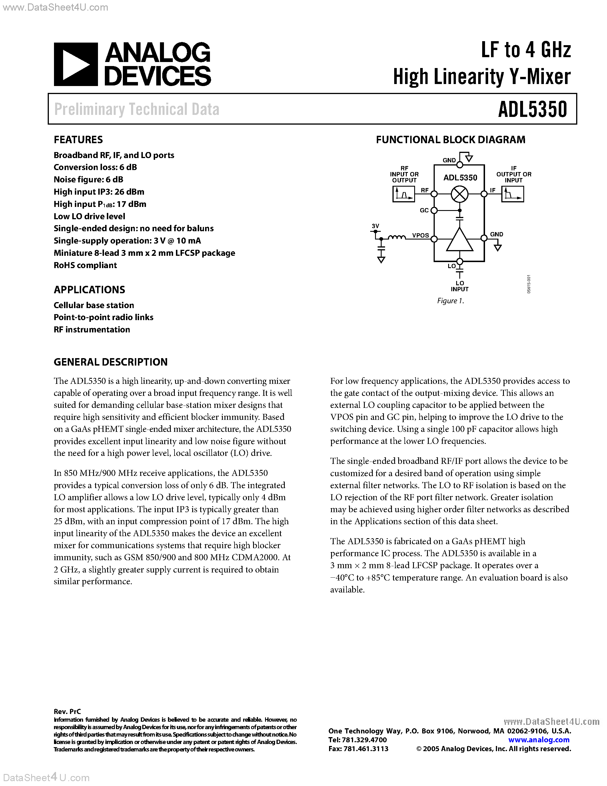 Datasheet ADL5350 page 1 Datasheet ADL5350 - LF to 4 GHz High Linearity Y-Mixer page 1