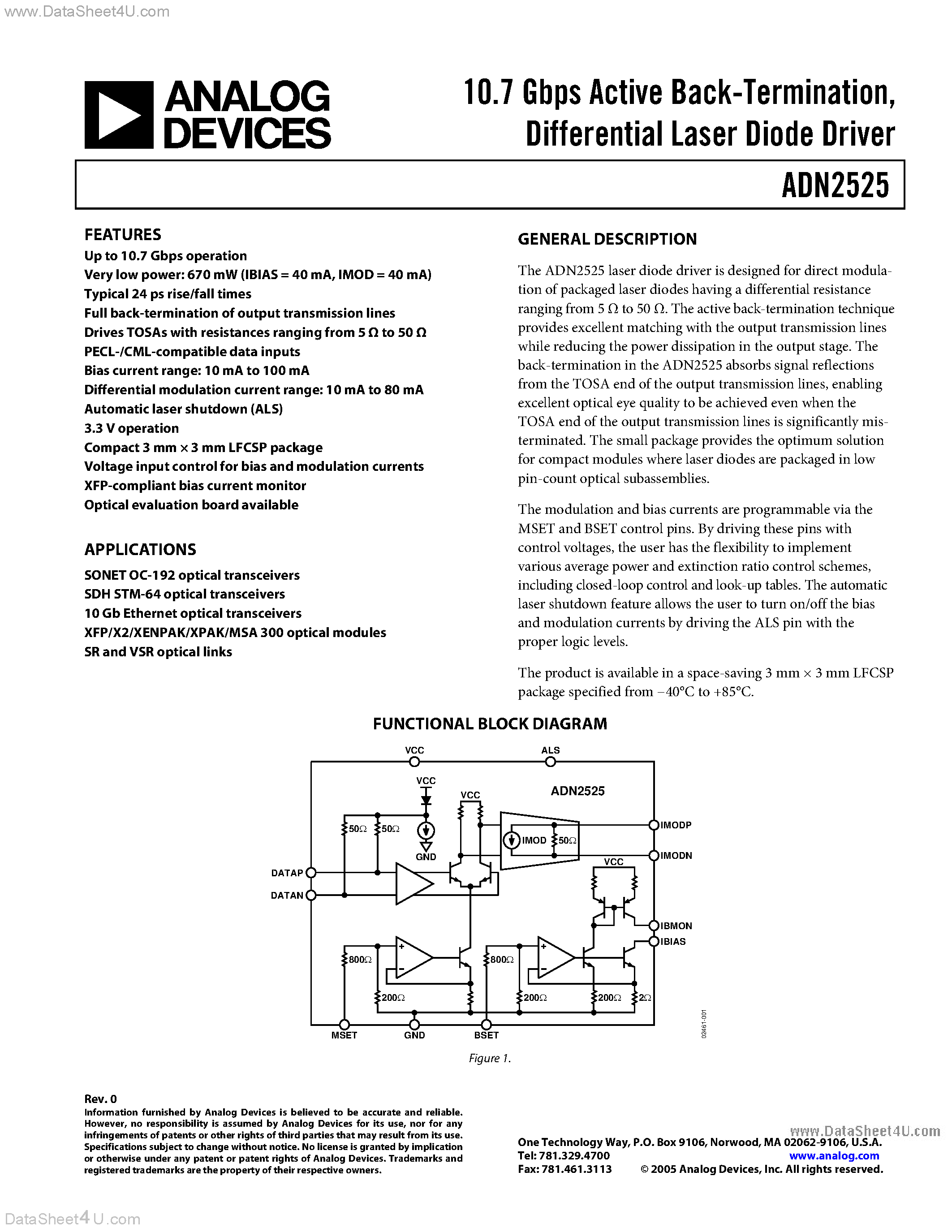 Даташит на микросхему ADN2525 страница 1 Даташит ADN2525 - 10.7 Gbps Active Back-Termination страница 1