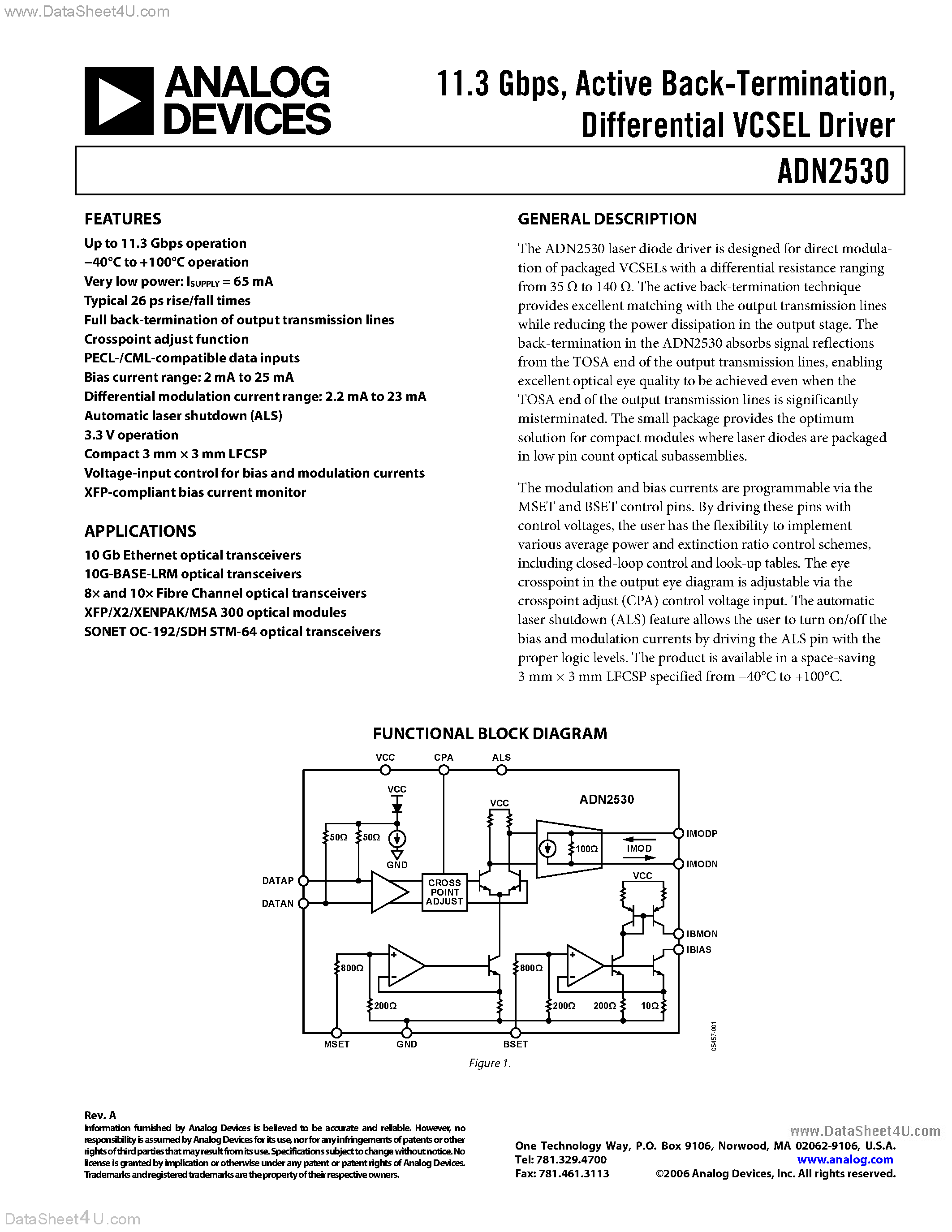 Даташит ADN2530 - 11.3 Gbps Active Back-Termination страница 1