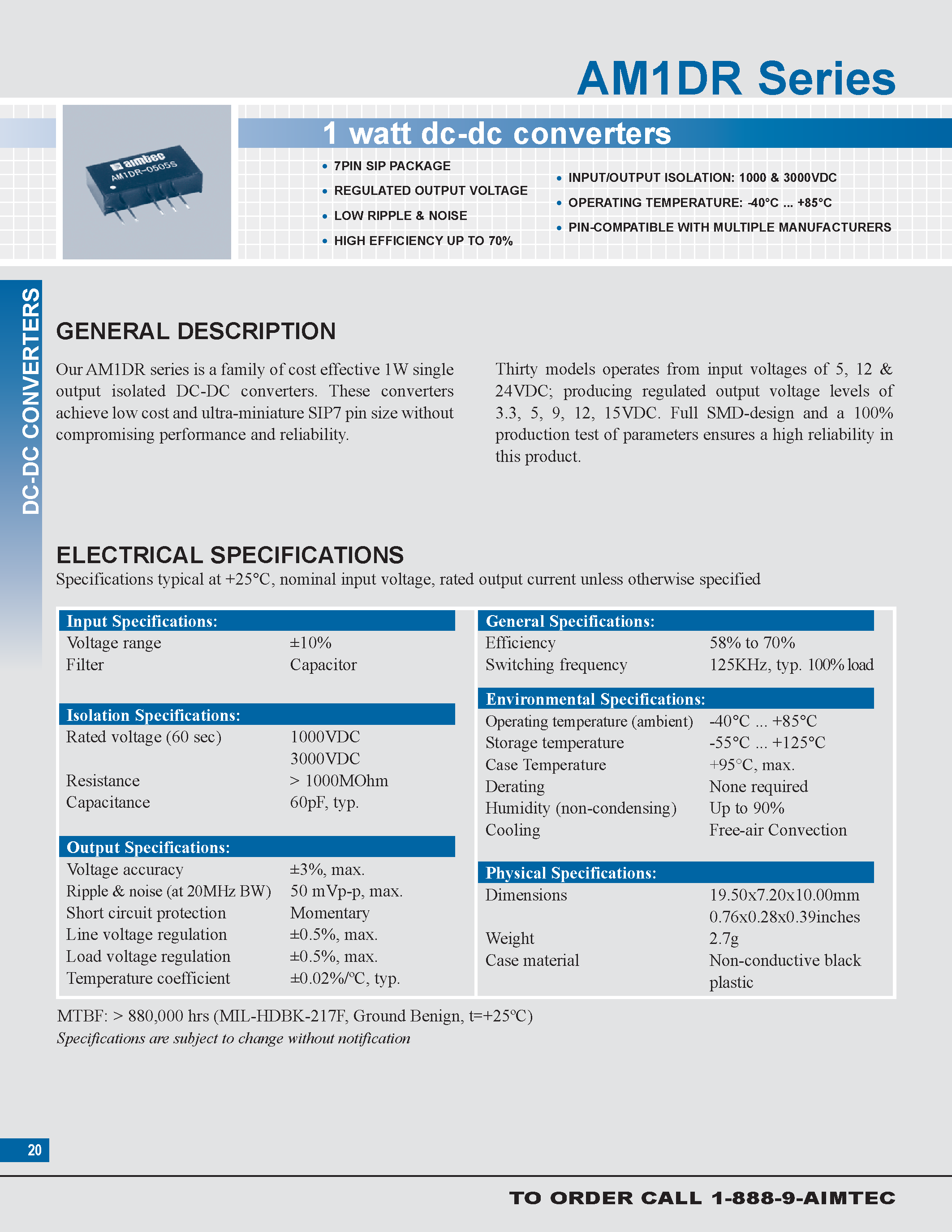 Datasheet AM1DR - 1 watt dc-dc converters page 1