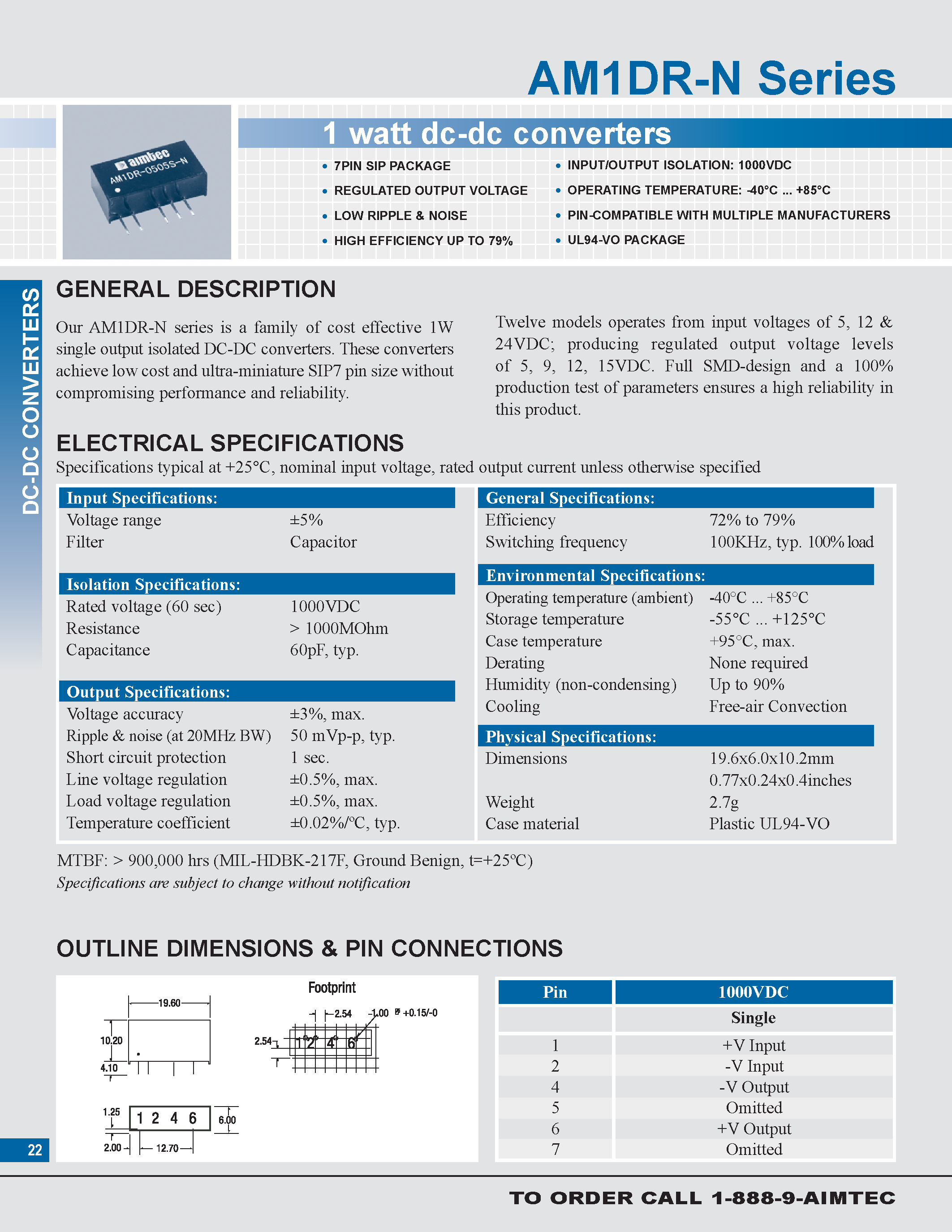 Даташит на микросхему AM1DR-N страница 1 Даташит AM1DR-N - 1 watt dc-dc converters страница 1
