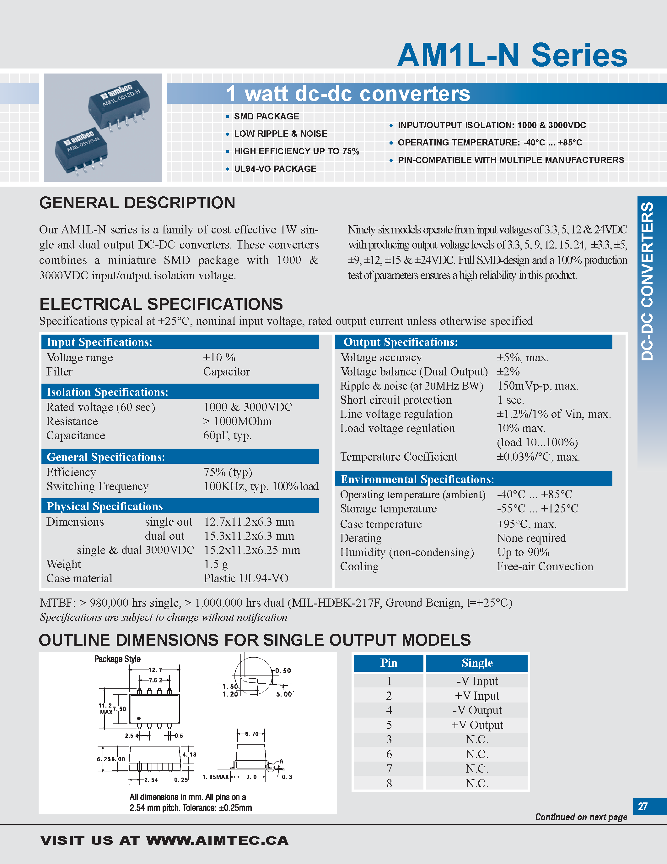 Datasheet AM1L-N page 1 Datasheet AM1L-N - 1 watt dc-dc converters page 1