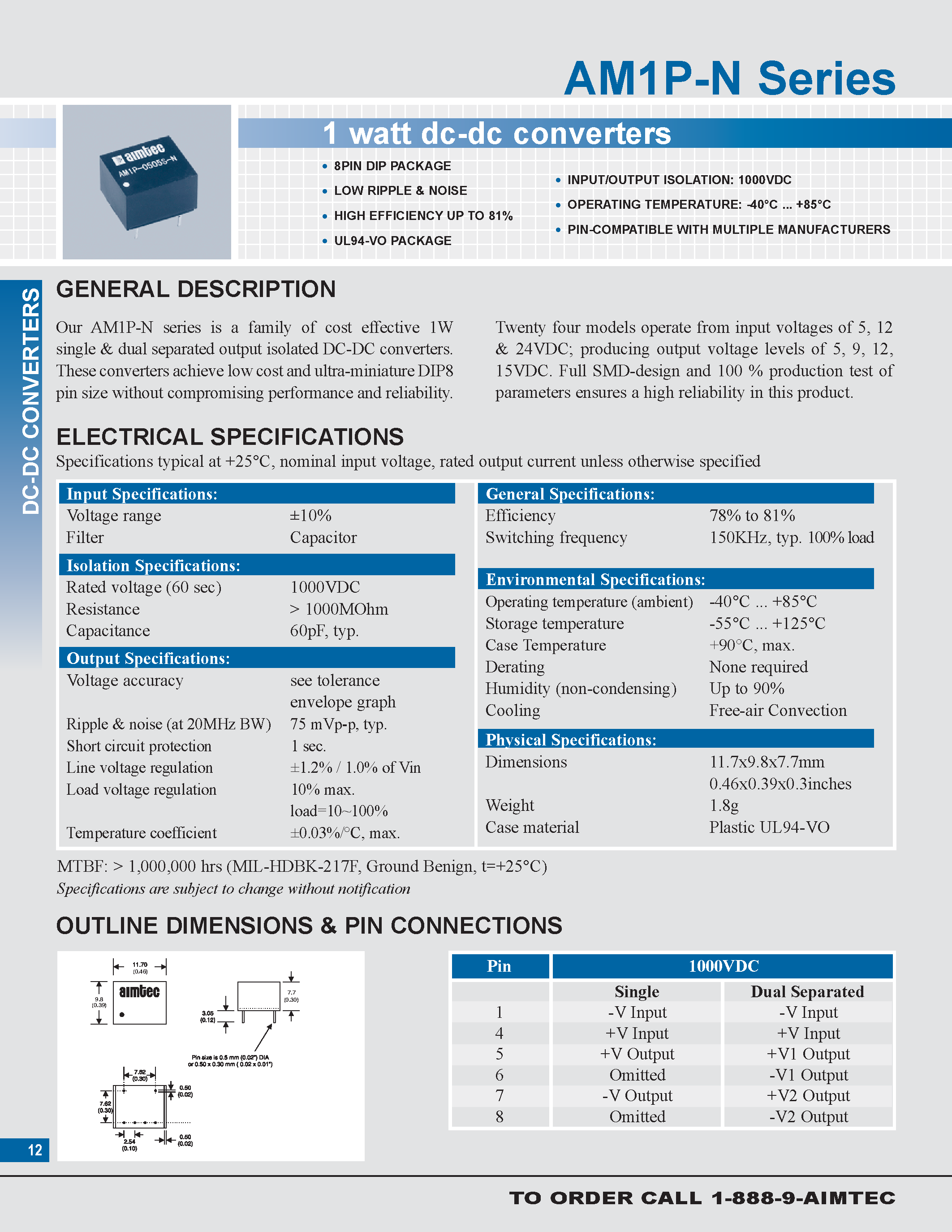 Даташит на микросхему AM1P-N страница 1 Даташит AM1P-N - 1 watt dc-dc converters страница 1