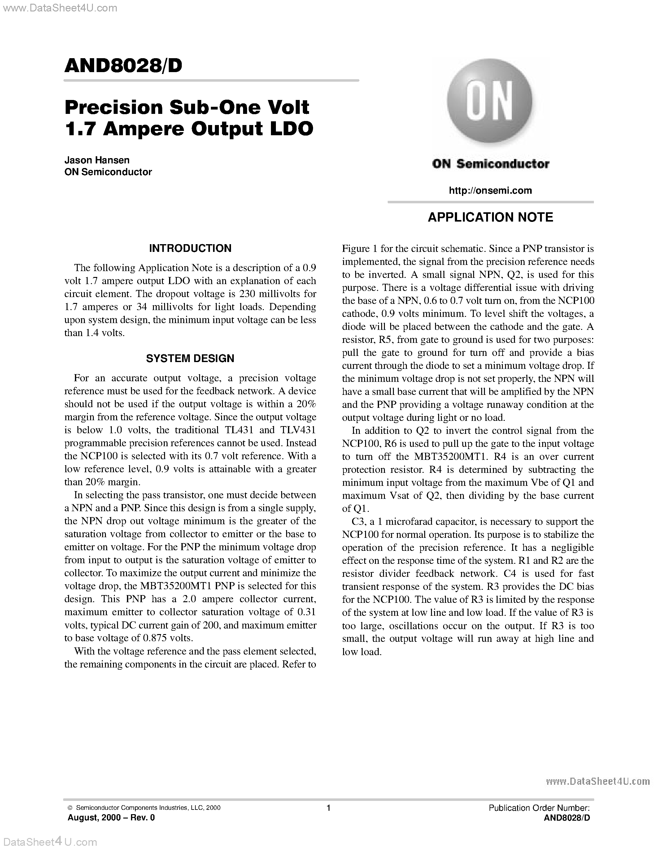 Datasheet AND8028 - Precision Sub-One Volt 1.7 Ampere Output LDO page 1