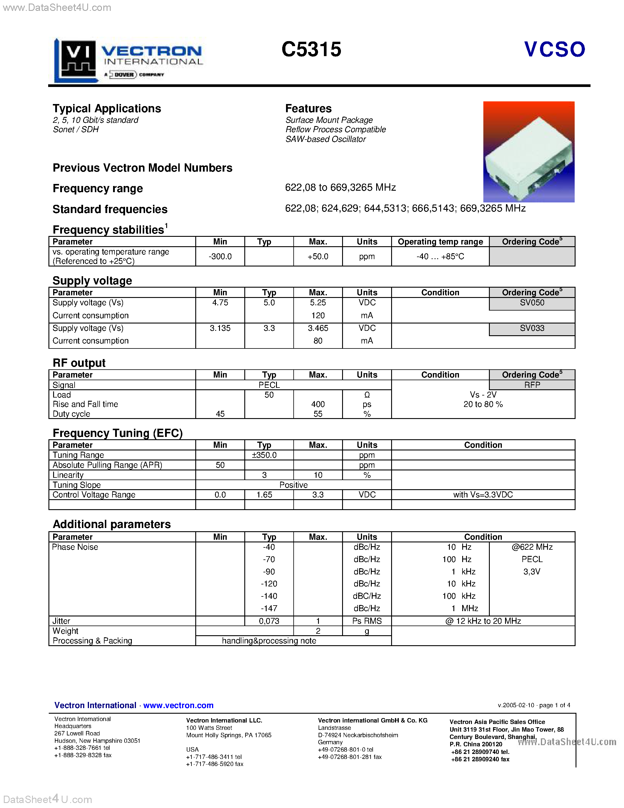 Datasheet C5315 page 1 Datasheet C5315 - 10 Gbit/s standard Sonet / SDH page 1