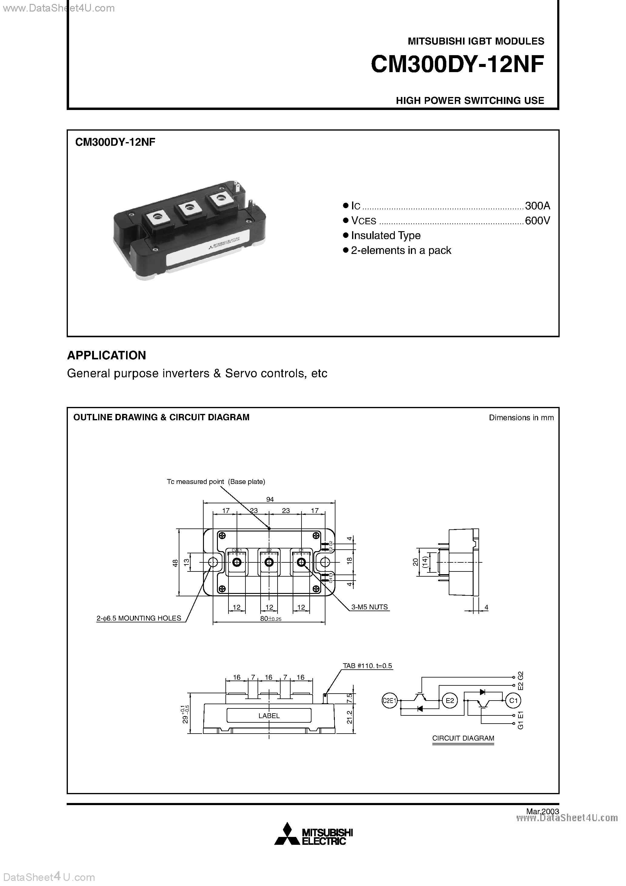 Даташит на микросхему CM300DY-12NF страница 1 Даташит CM300DY-12NF - HIGH POWER SWITCHING USE страница 1