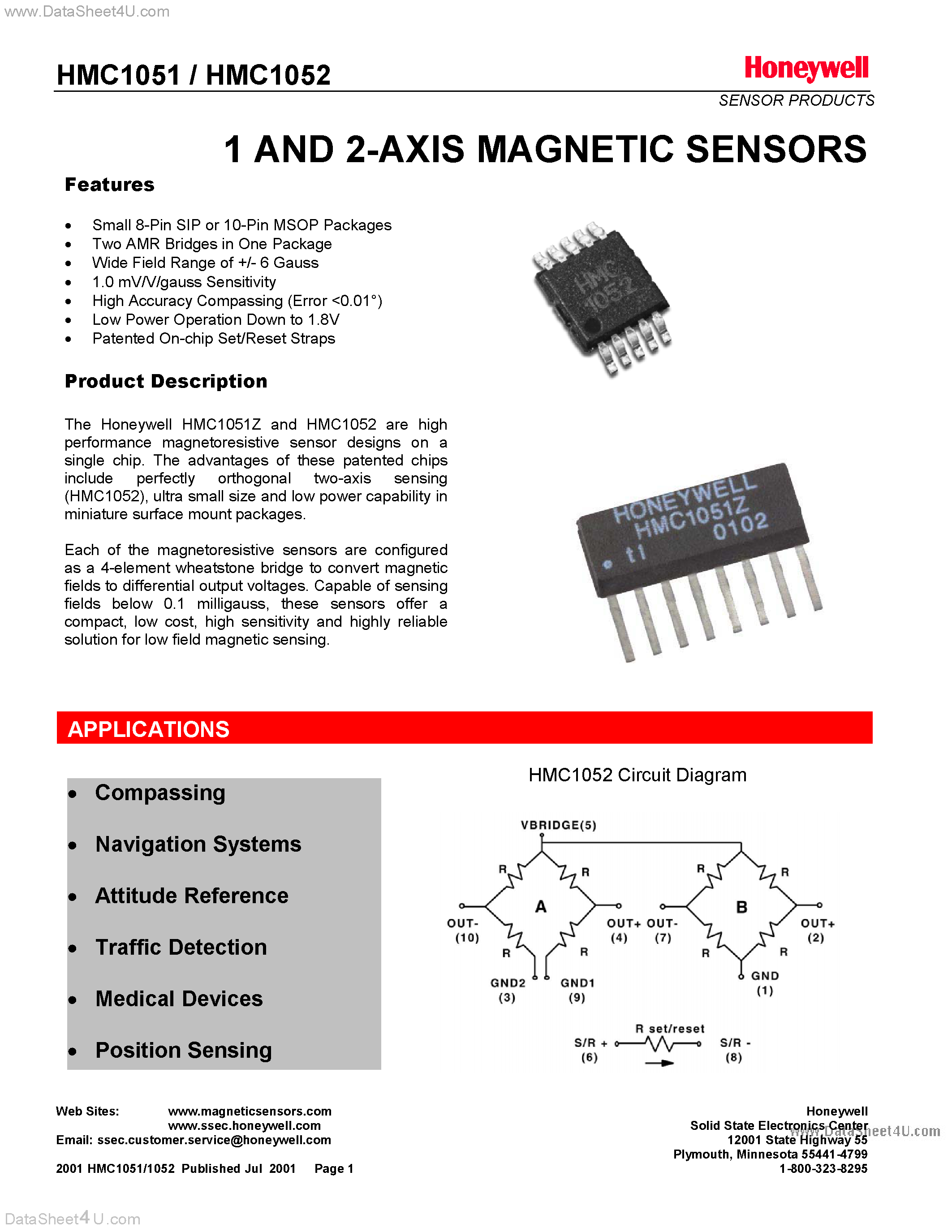 Даташит HMC1051 - (HMC1051 / HMC1052) 1 AND 2-AXIS MAGNETIC SENSORS страница 1