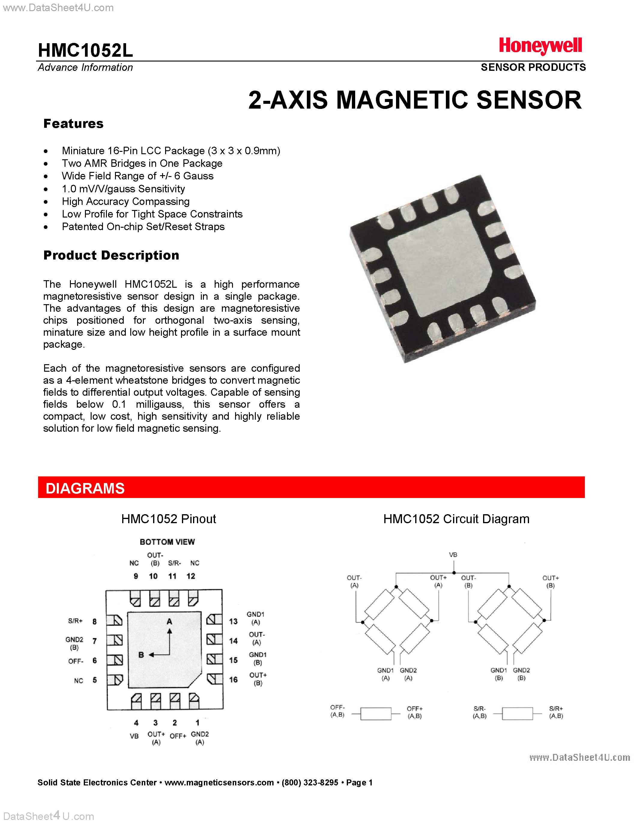 Даташит HMC1052L - 2-AXIS MAGNETIC SENSOR страница 1