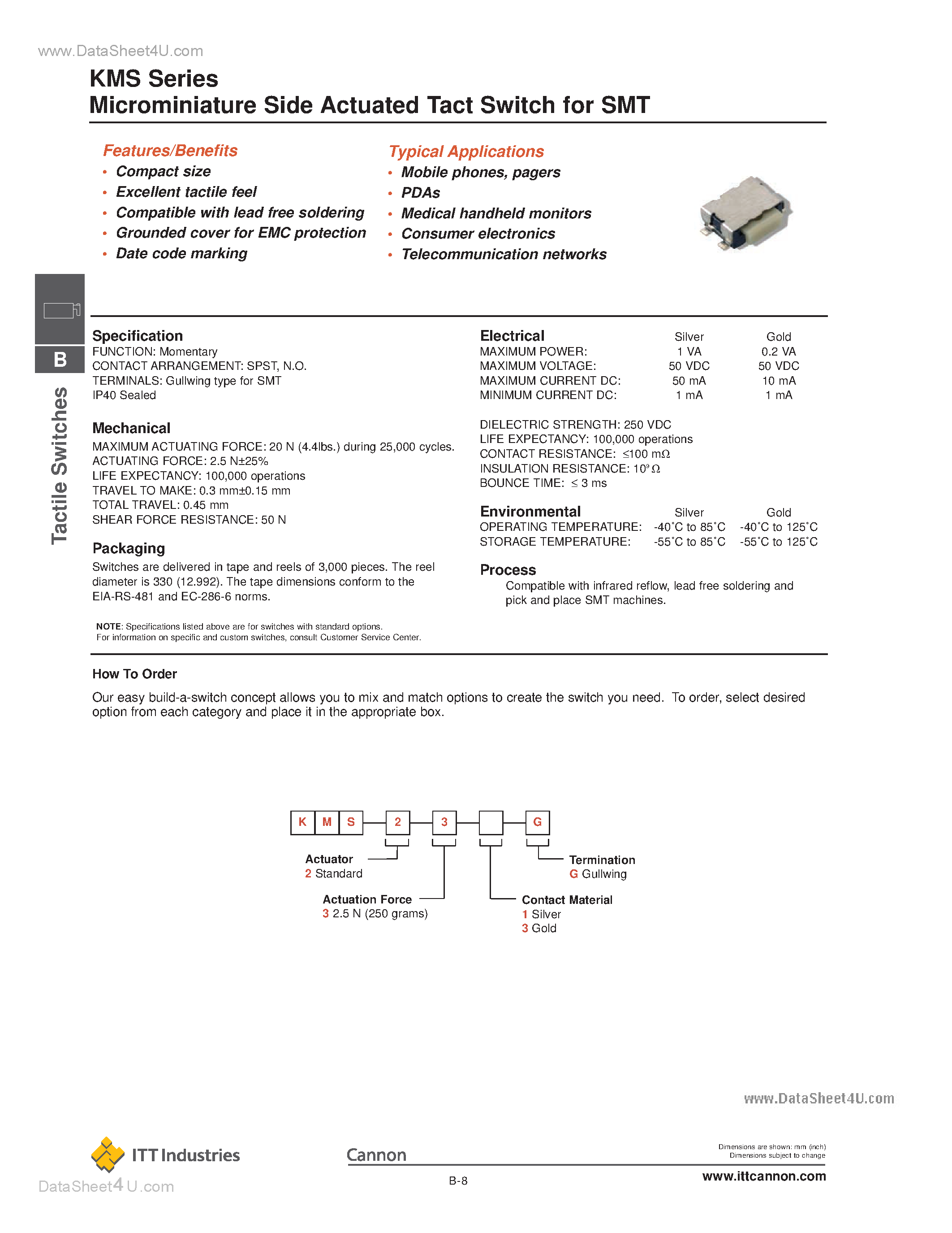 Даташит KMS - Microminiature Side Actuated Tact Switch страница 1