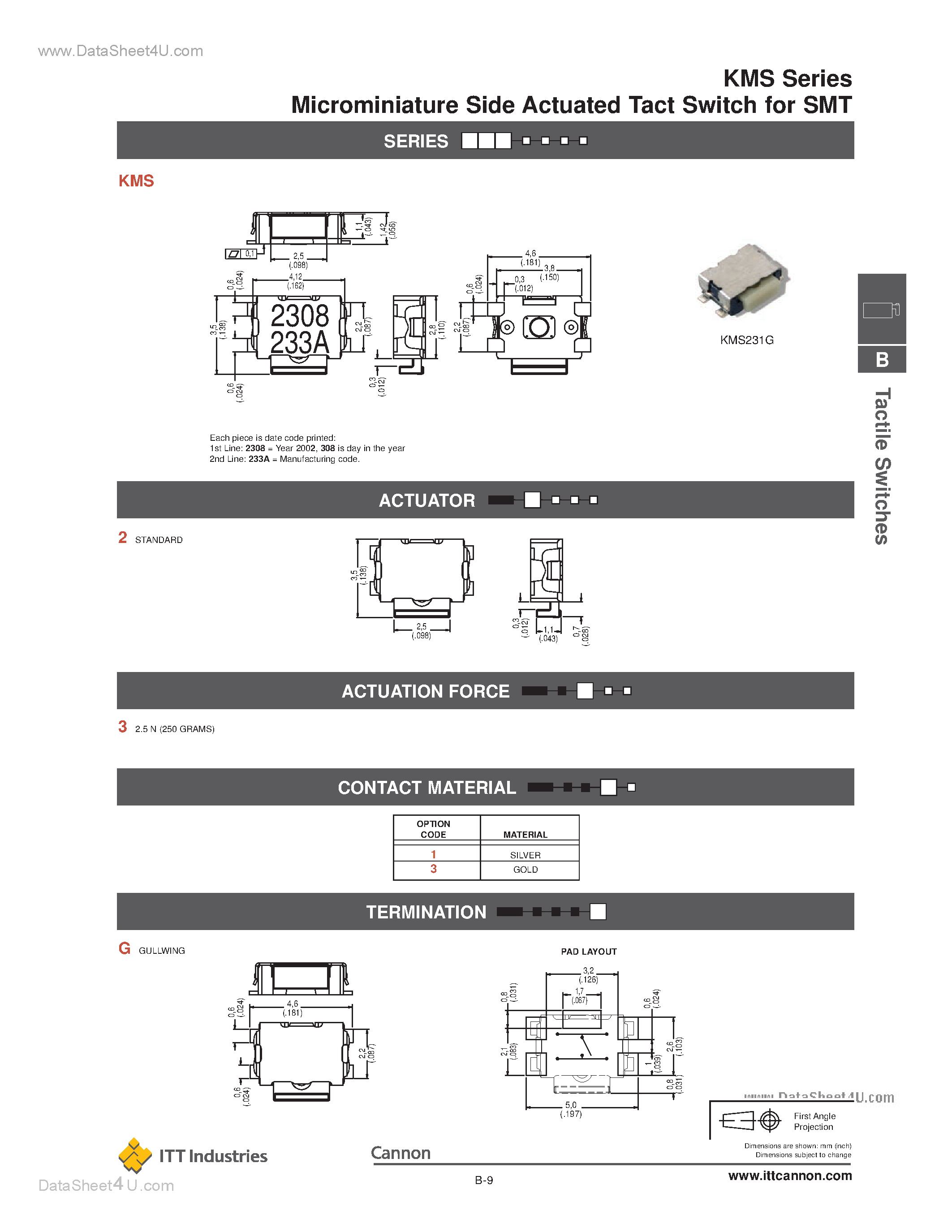 Даташит KMS - Microminiature Side Actuated Tact Switch страница 2