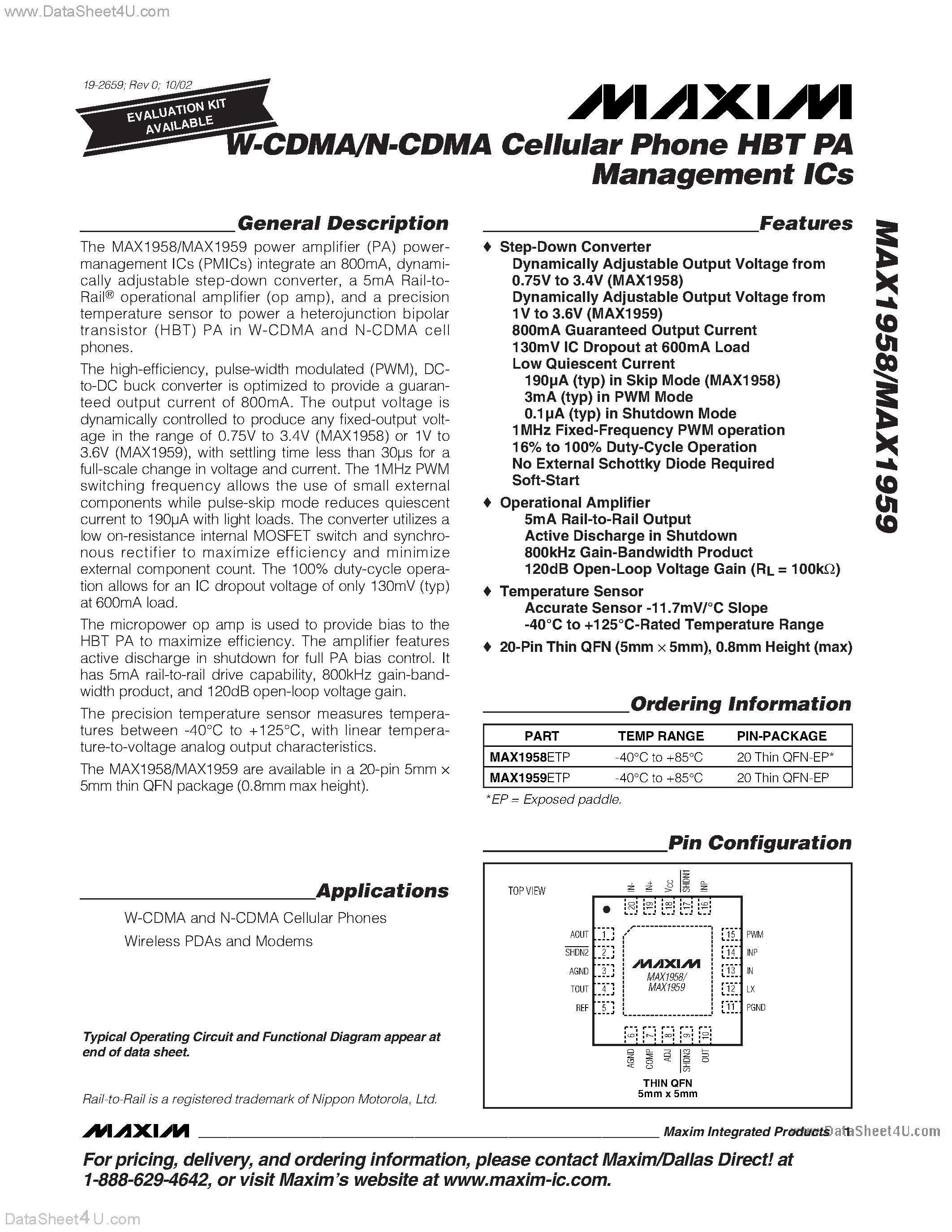 Datasheet MAX1958 - (MAX1958 / MAX1959) W-CDMA/N-CDMA Cellular Phone HBT PA Management ICs page 1