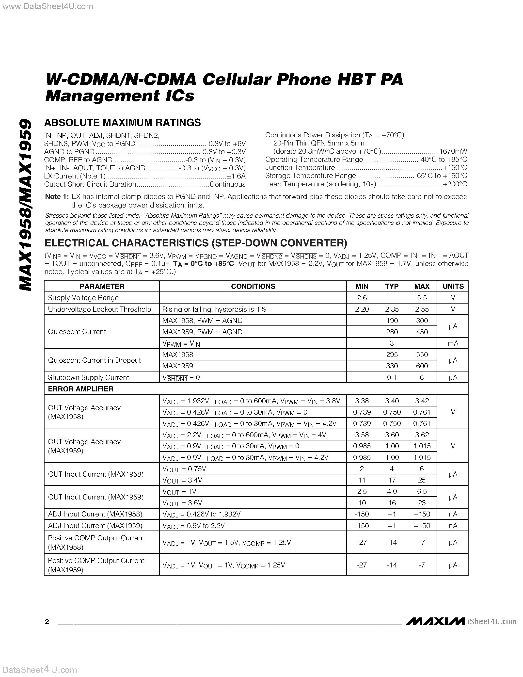 Datasheet MAX1958 - (MAX1958 / MAX1959) W-CDMA/N-CDMA Cellular Phone HBT PA Management ICs page 2