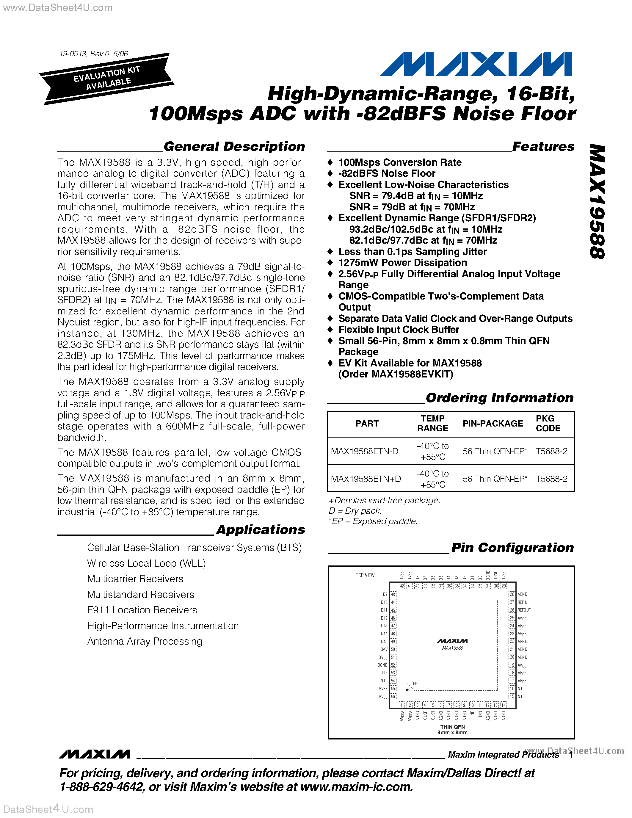 Datasheet MAX19588 - High-Dynamic-Range ADC page 1