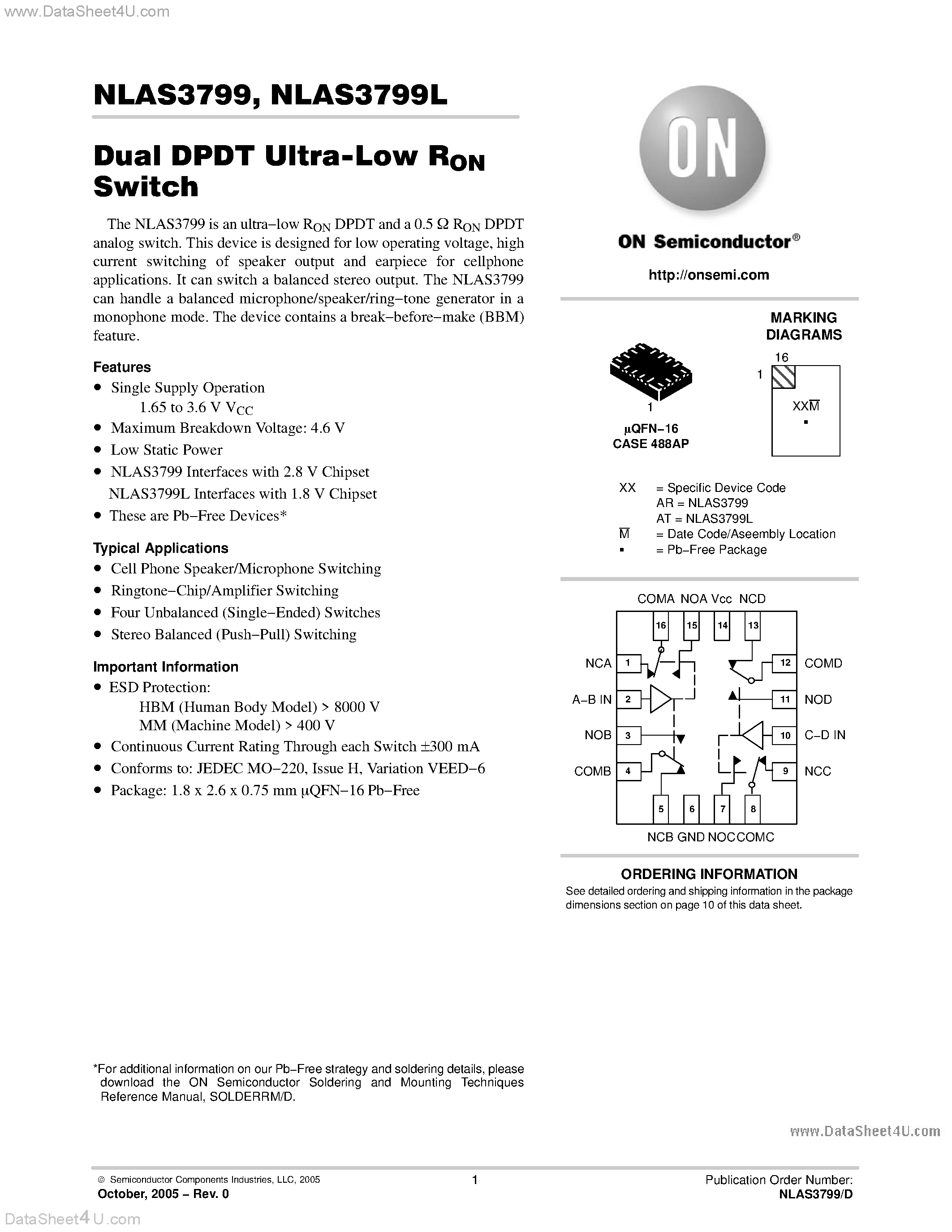 Datasheet NLAS3799 page 1 Datasheet NLAS3799 - Dual DPDT Ultra Low RON Switch page 1